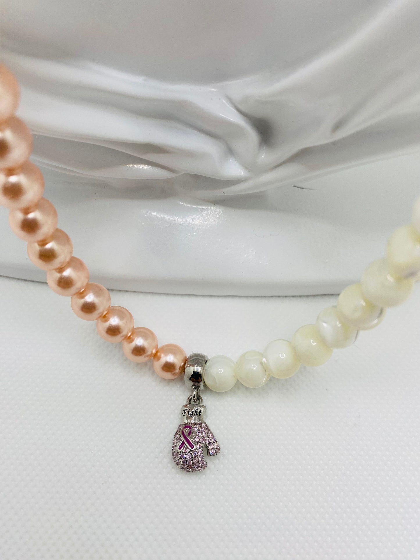 Mother of Pearl Beaded Necklace: Pink Ribbon Boxing Glove, Cancer Survivor Gift