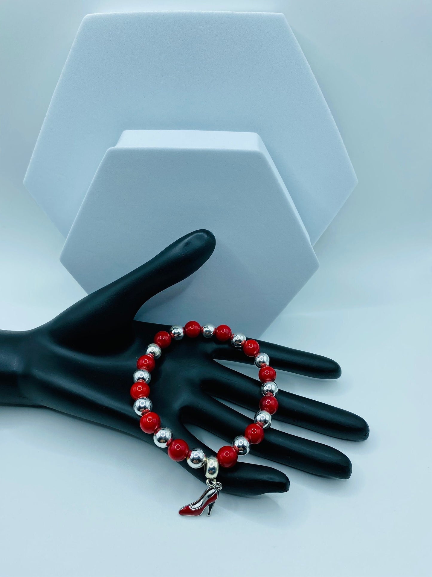 Red Coral Shoe Charm Bracelet: Silver Hematite Gemstone Beads