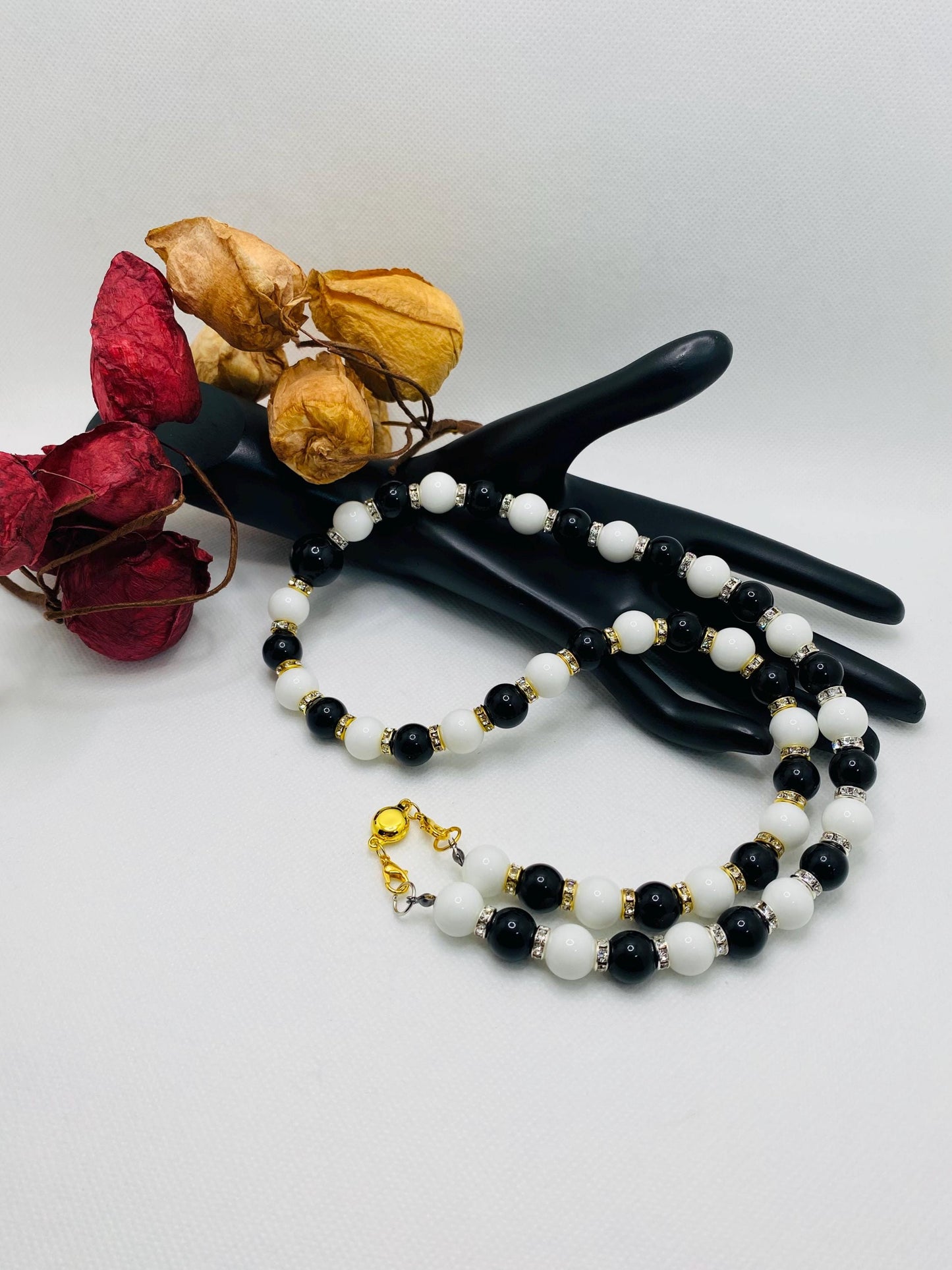 Handmade Onyx Gemstone Necklace: Black & White Beaded Jewelry