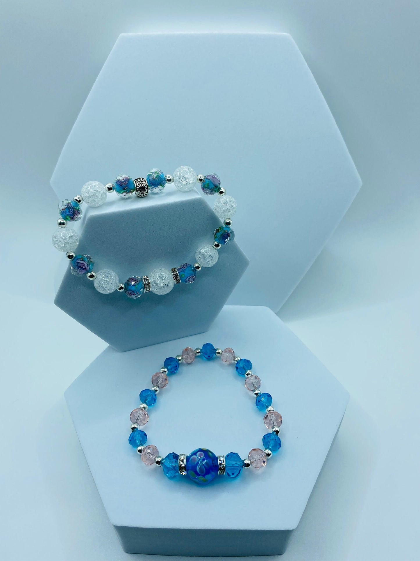 Floral Lampwork Glass Bead Bracelet: Pink & Blue Crystal