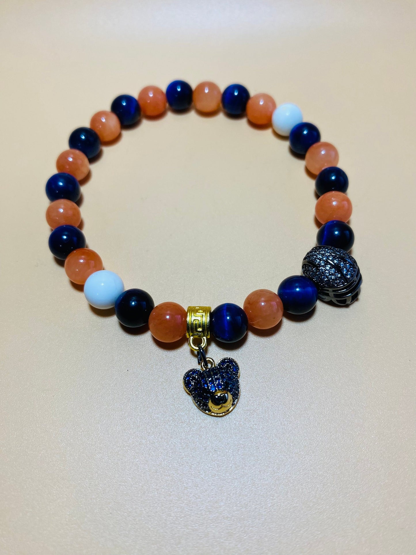 Chicago Bears Bracelet: Gemstone Beads, Bear & Football Helmet Charm