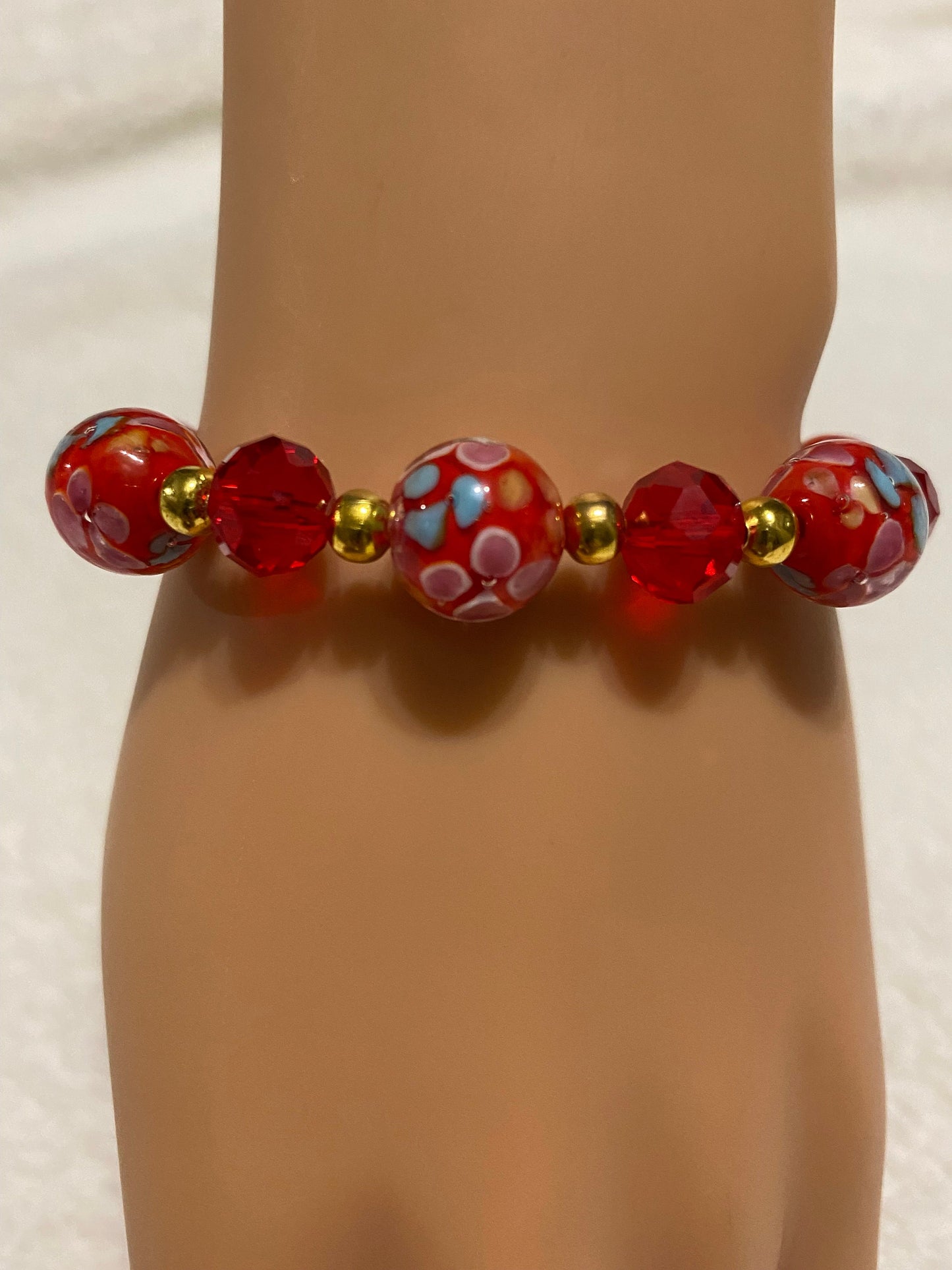 Red Floral Lampwork Glass Bead Bracelet: 18k Gold Hematite Accents