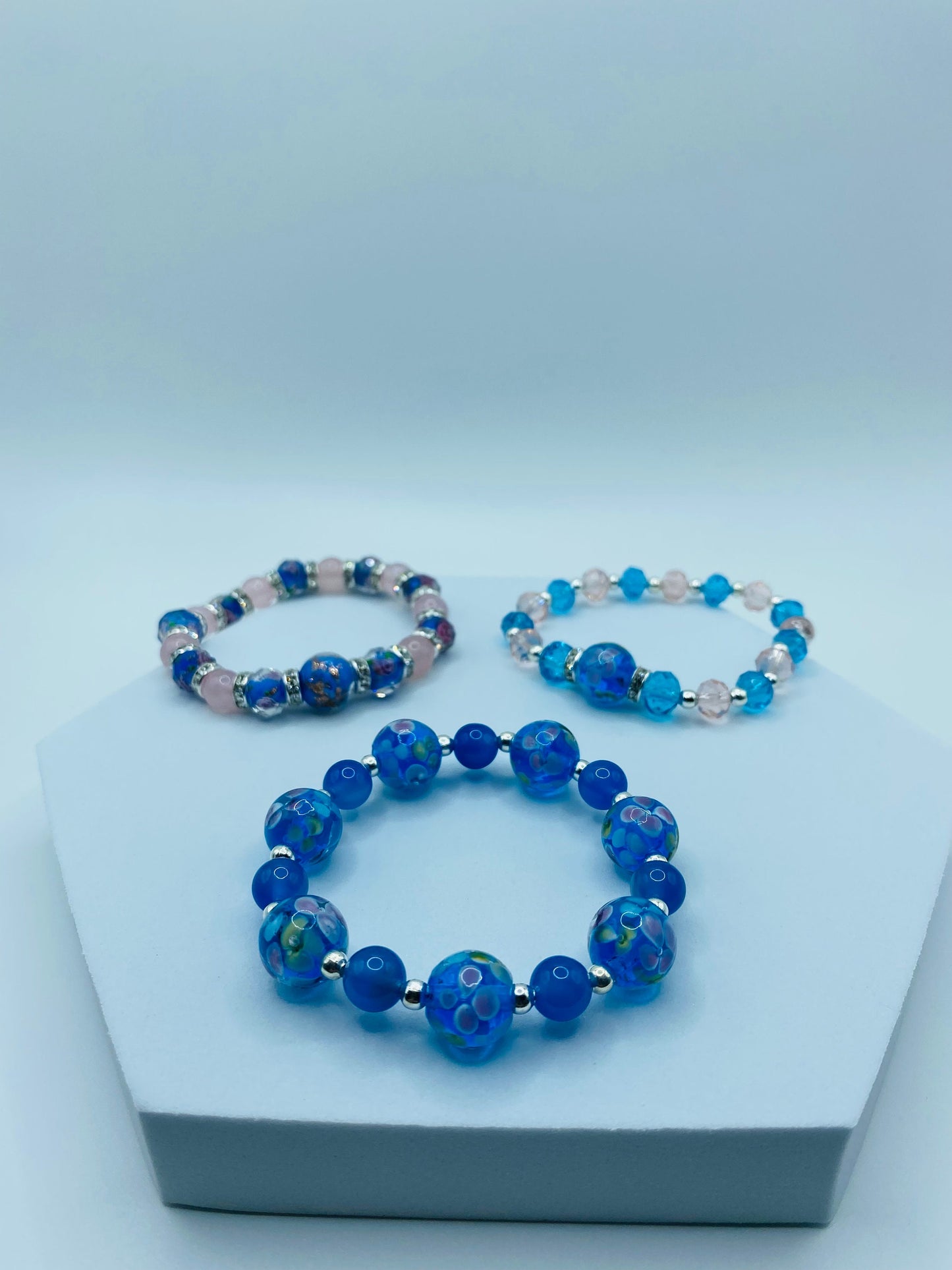 Blue Lace Agate Bracelet: Lampwork Floral Glass Beads, Silver Accents