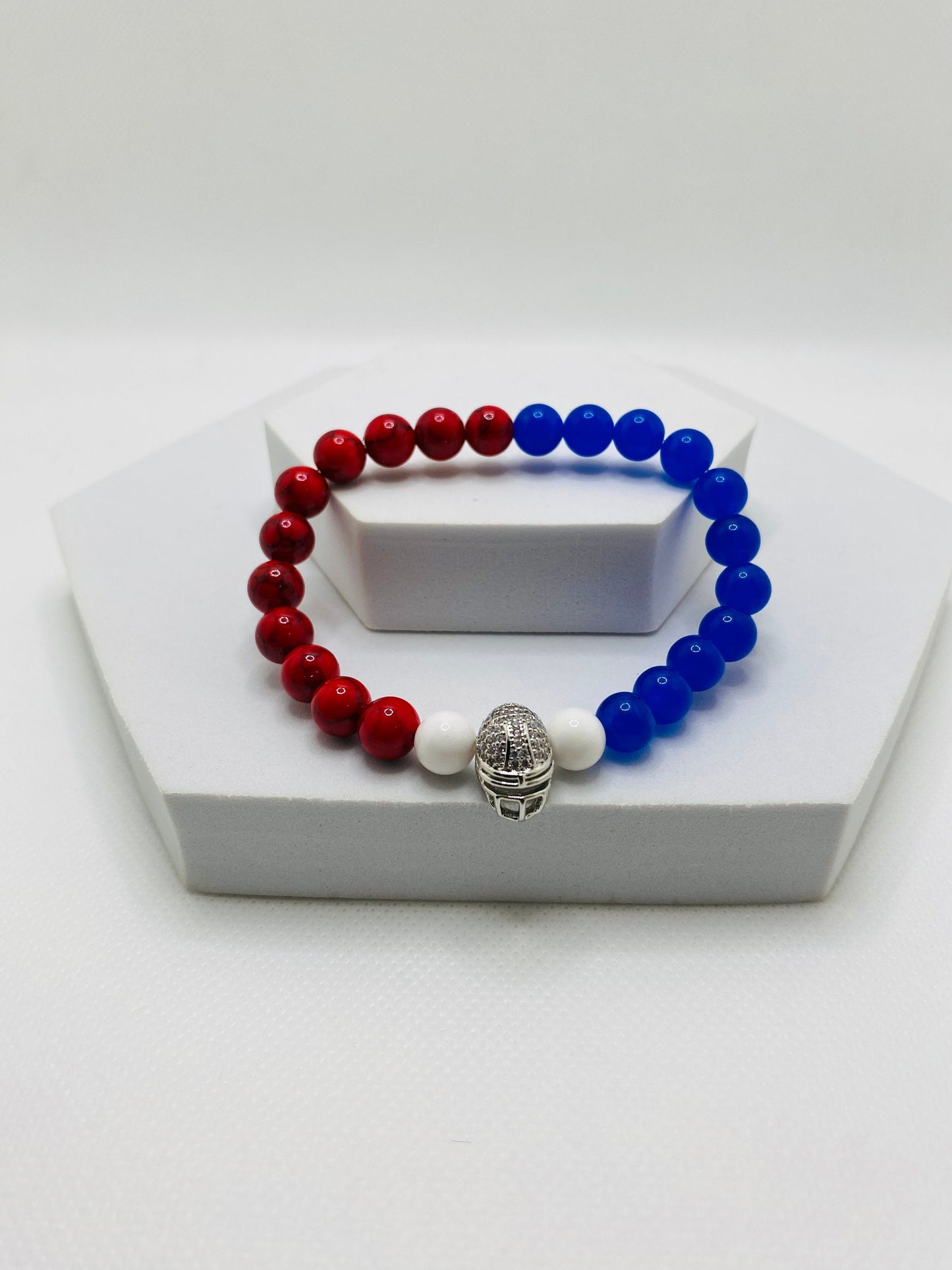 Buffalo Bills Beaded Bracelet: Red Turquoise, Blue Chalcedony, Football Helmet Charm