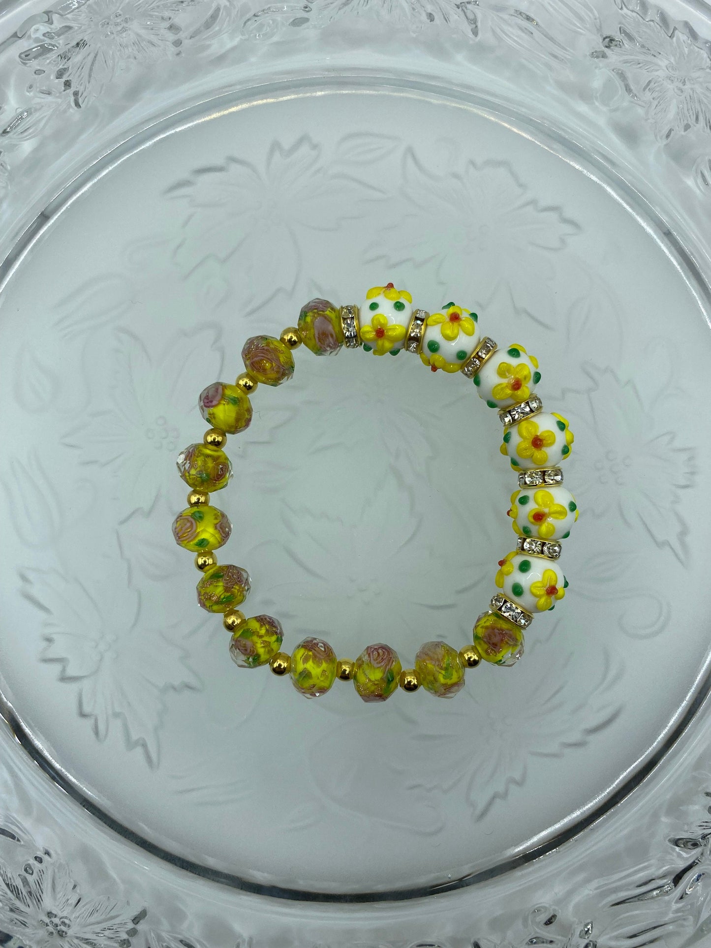 Yellow Flower Lampwork Glass Bead Bracelet: Rhinestone Rondelles