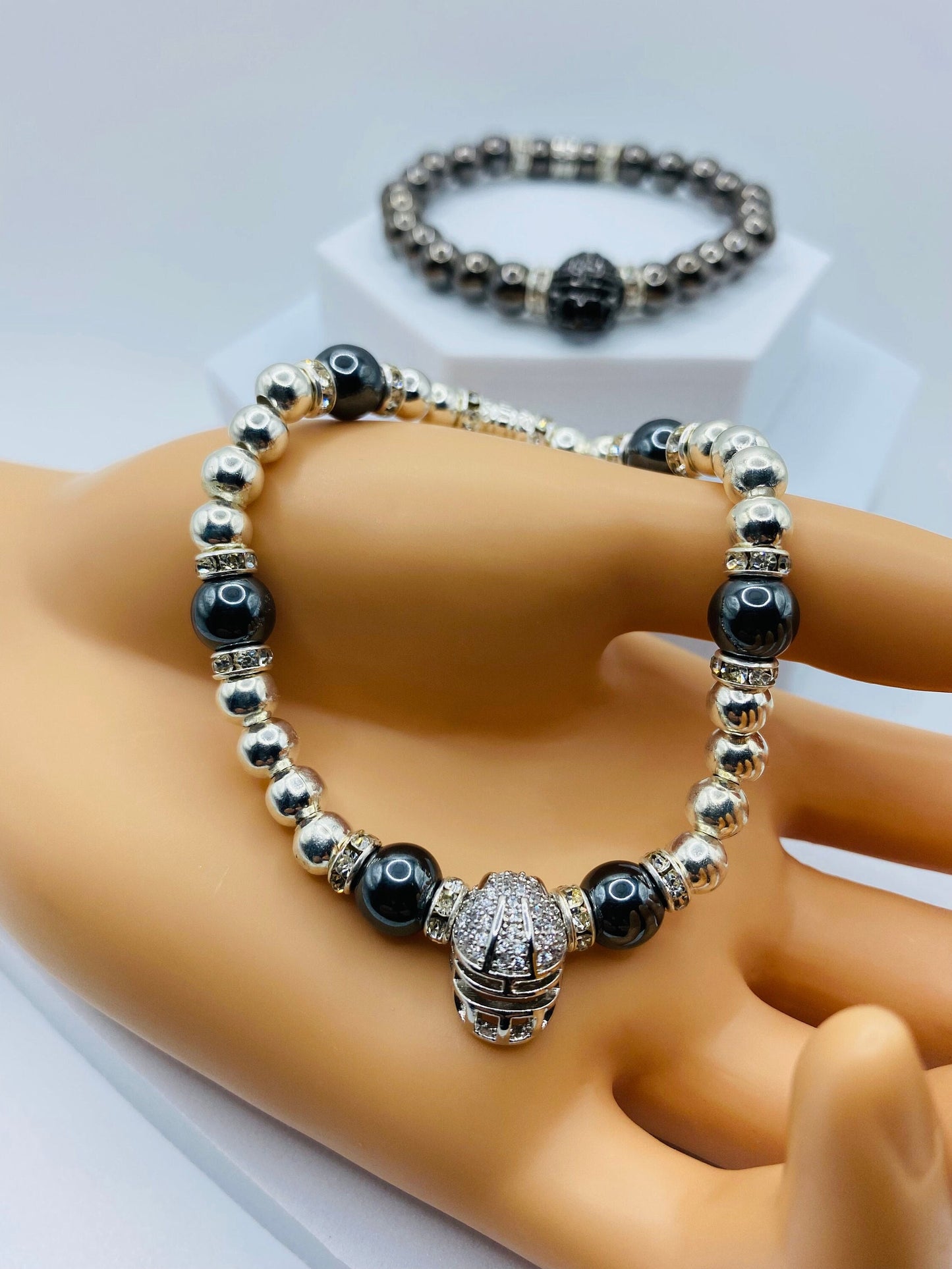 Las Vegas Raiders Bracelet: Hematite Beads, CZ Football Helmet