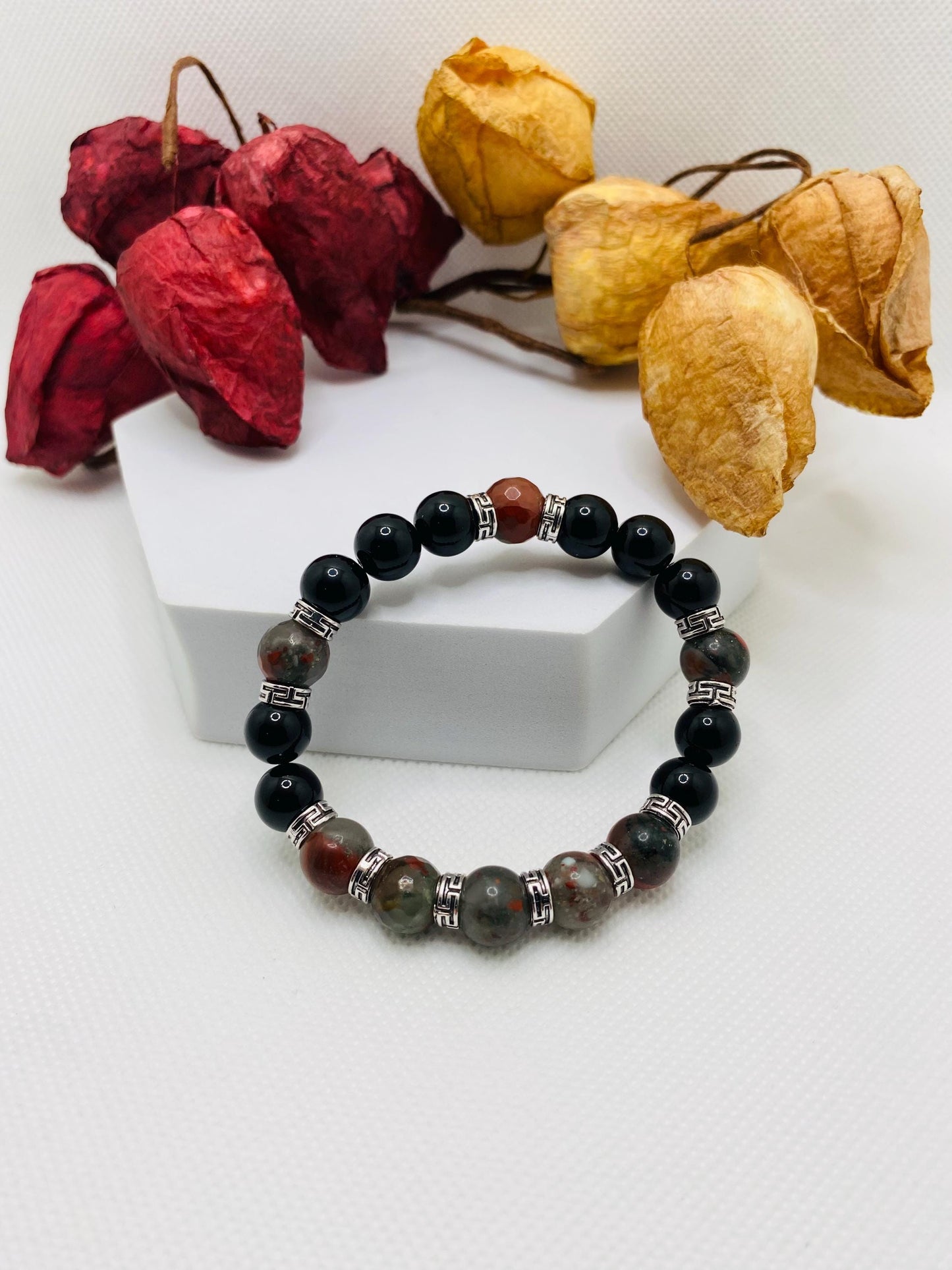 Mens Beaded Bracelet with Onyx & African Jasper Bloodstones, Tibetan Jewelry, Gifts for Men