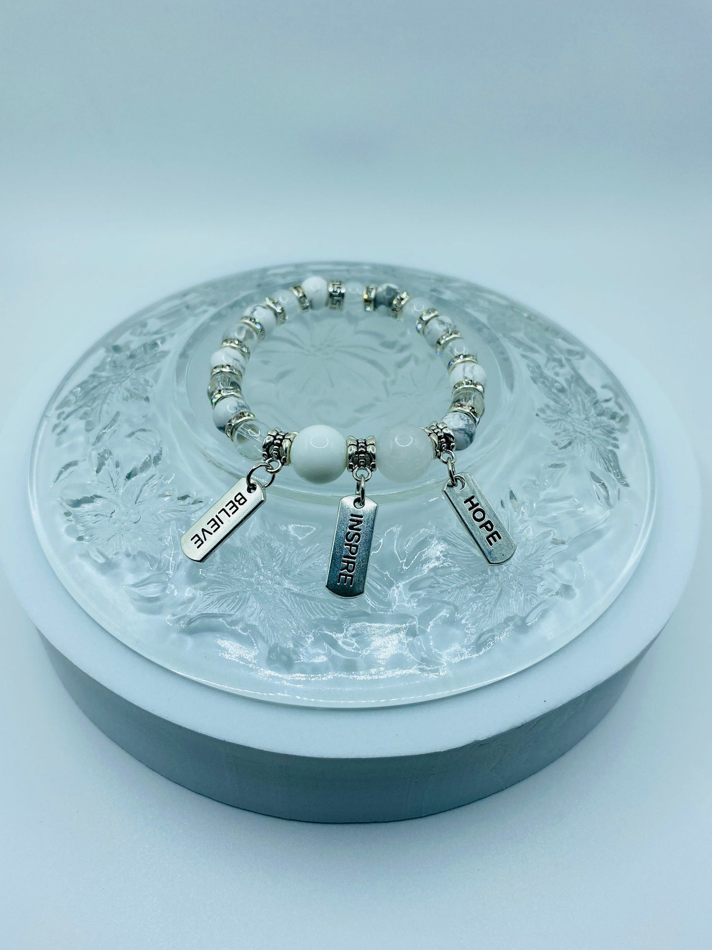 Inspirational Gemstone Bead Bracelet: Stainless Steel Word Charms