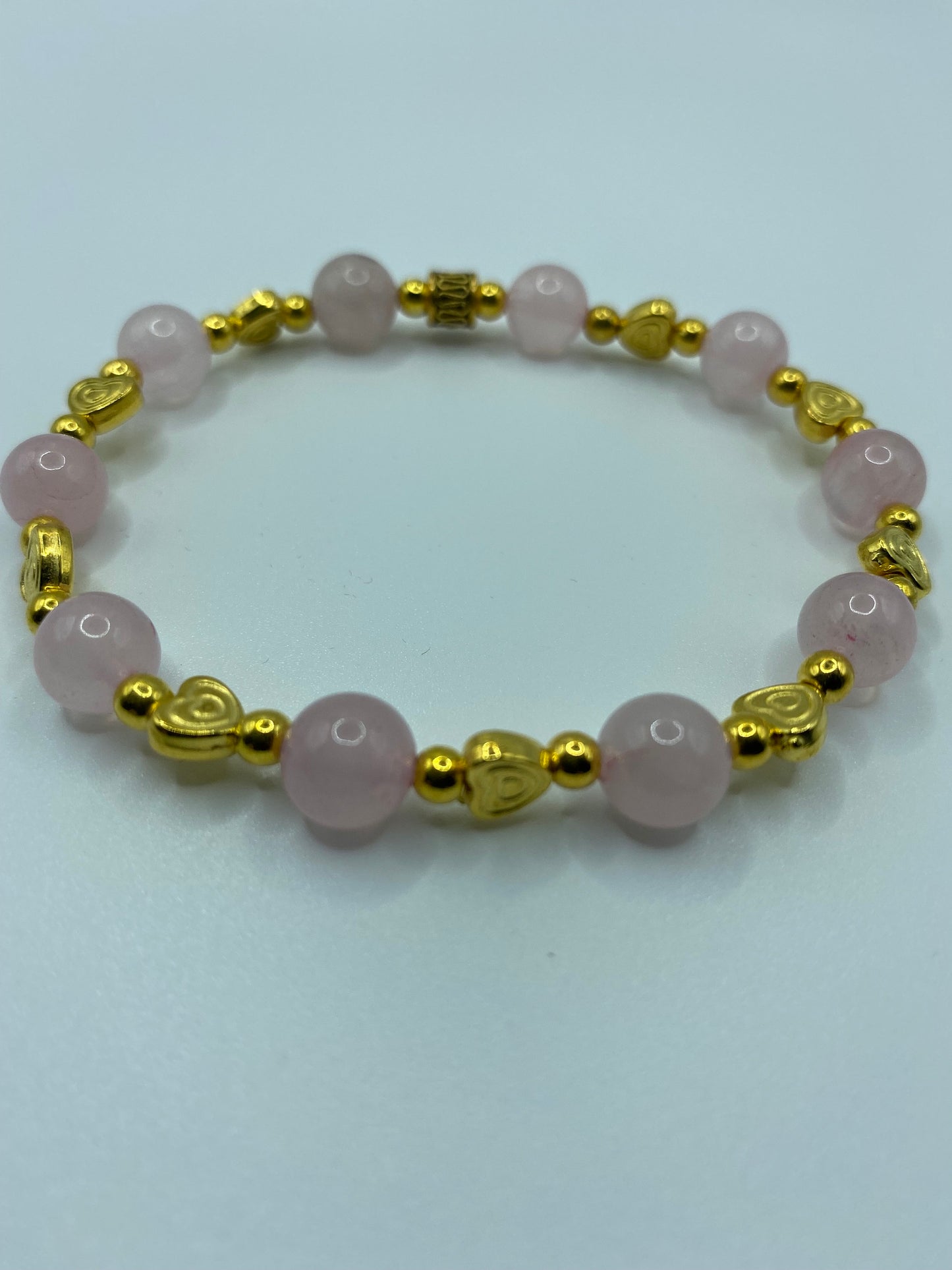 Rose Quartz Bracelet: 18k Gold Heart Charms, Gold Hematite Beads