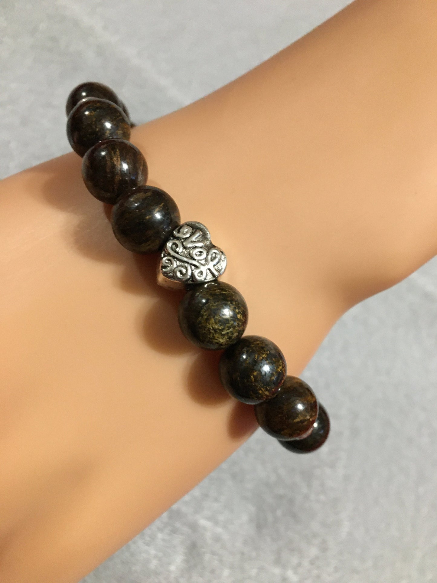 Bronzite Gemstone Bracelet with Love Heart Charm & Hematite Spacers