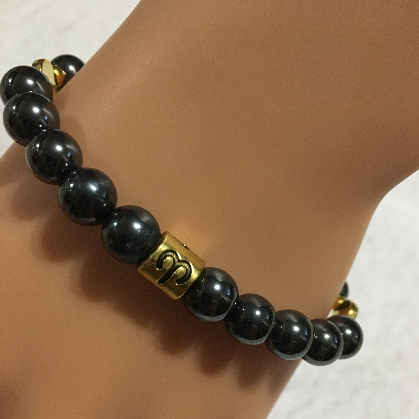 Aries Zodiac Bracelet: Hematite Gemstone, Gold Charm