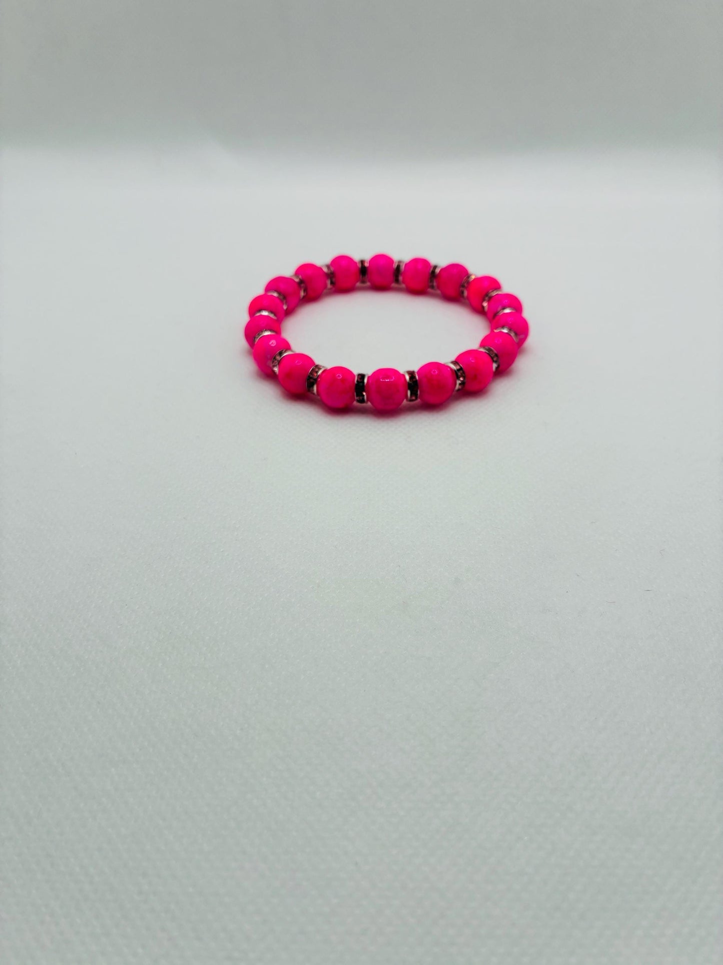 Hot Pink Crystal Glass Bead Bracelet with Silverplated Pink Rhinestone Rondelles