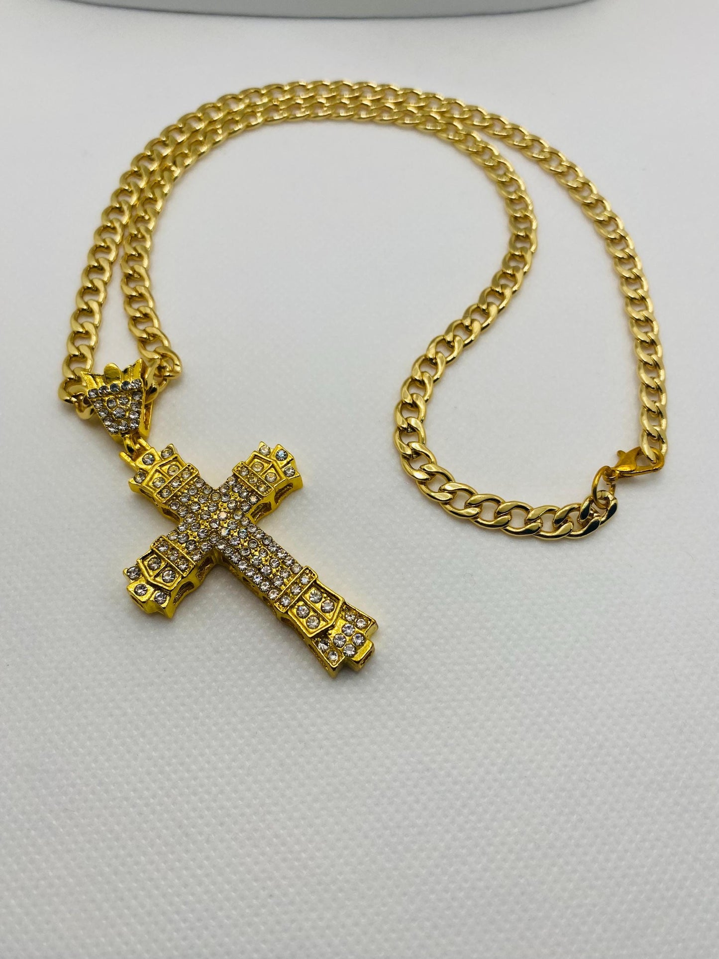 Gold Cross Necklace: Rhinestone Cuban Link Chain, Religious Jewelry