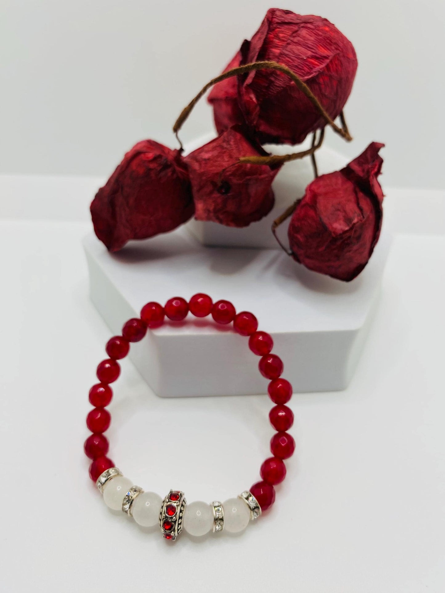 Red Agate & White Jade Charm Bracelet: Silver Rhinestone Accents