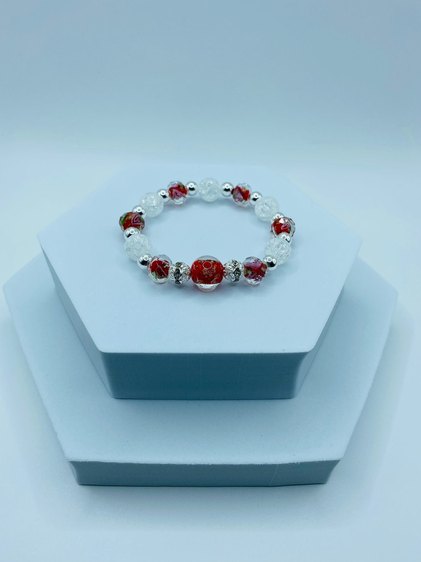 Lampwork Floral Glass Bead Bracelet: Crystal Quartz & Hematite