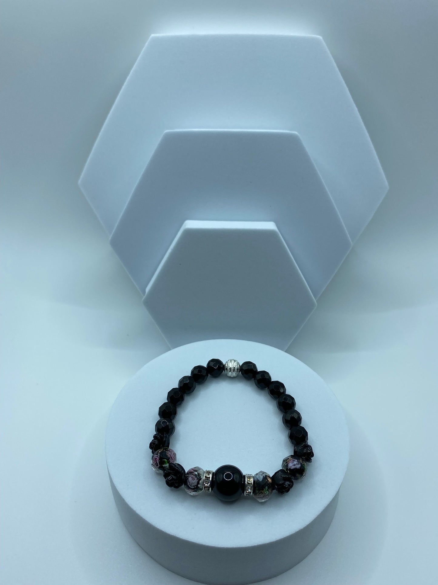 Black Onyx Bracelet: Lampwork Floral Glass Beads & Roses
