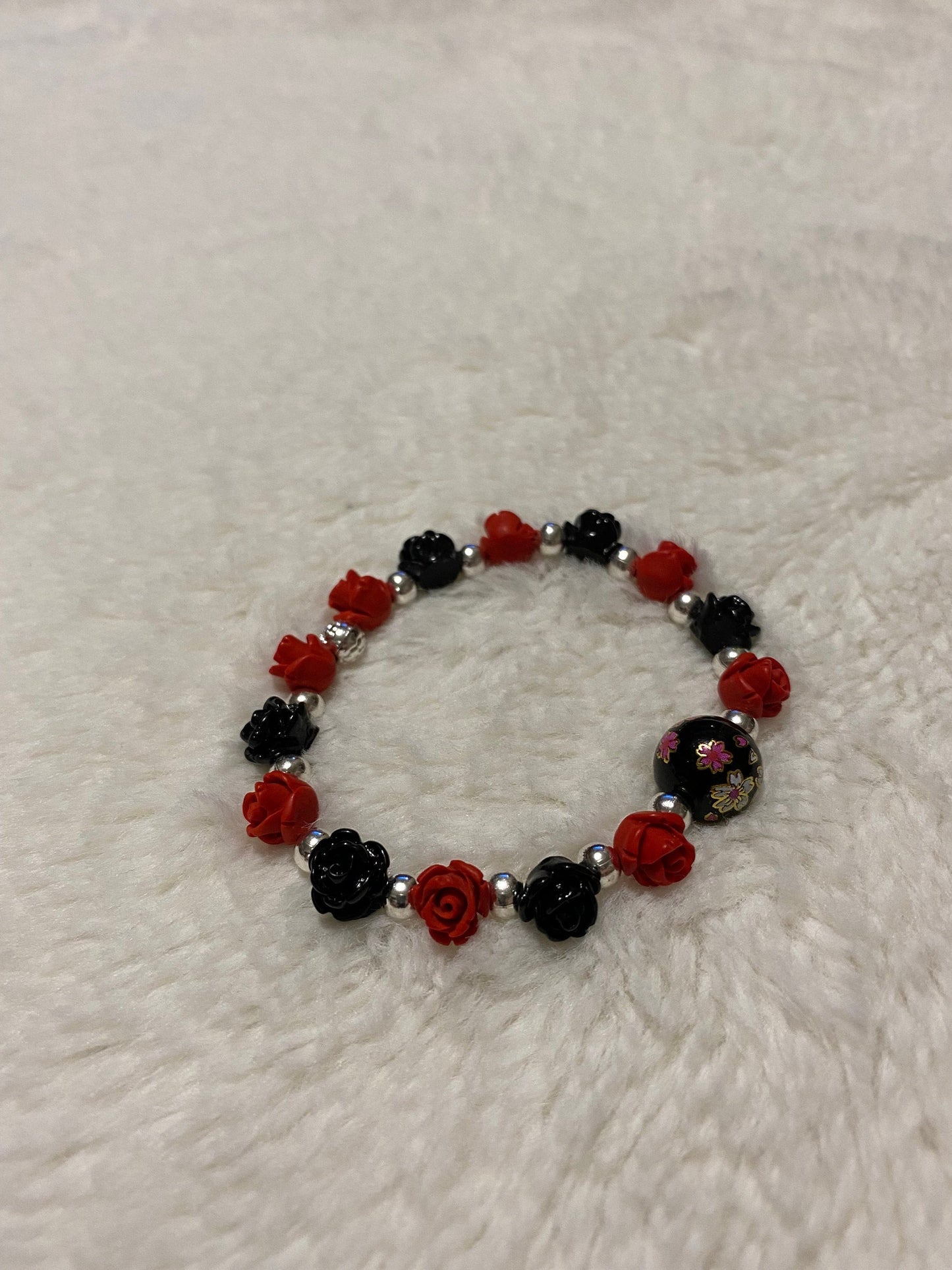 Red & Black Rose Bracelet: Floral Jewelry with Hematite Beads