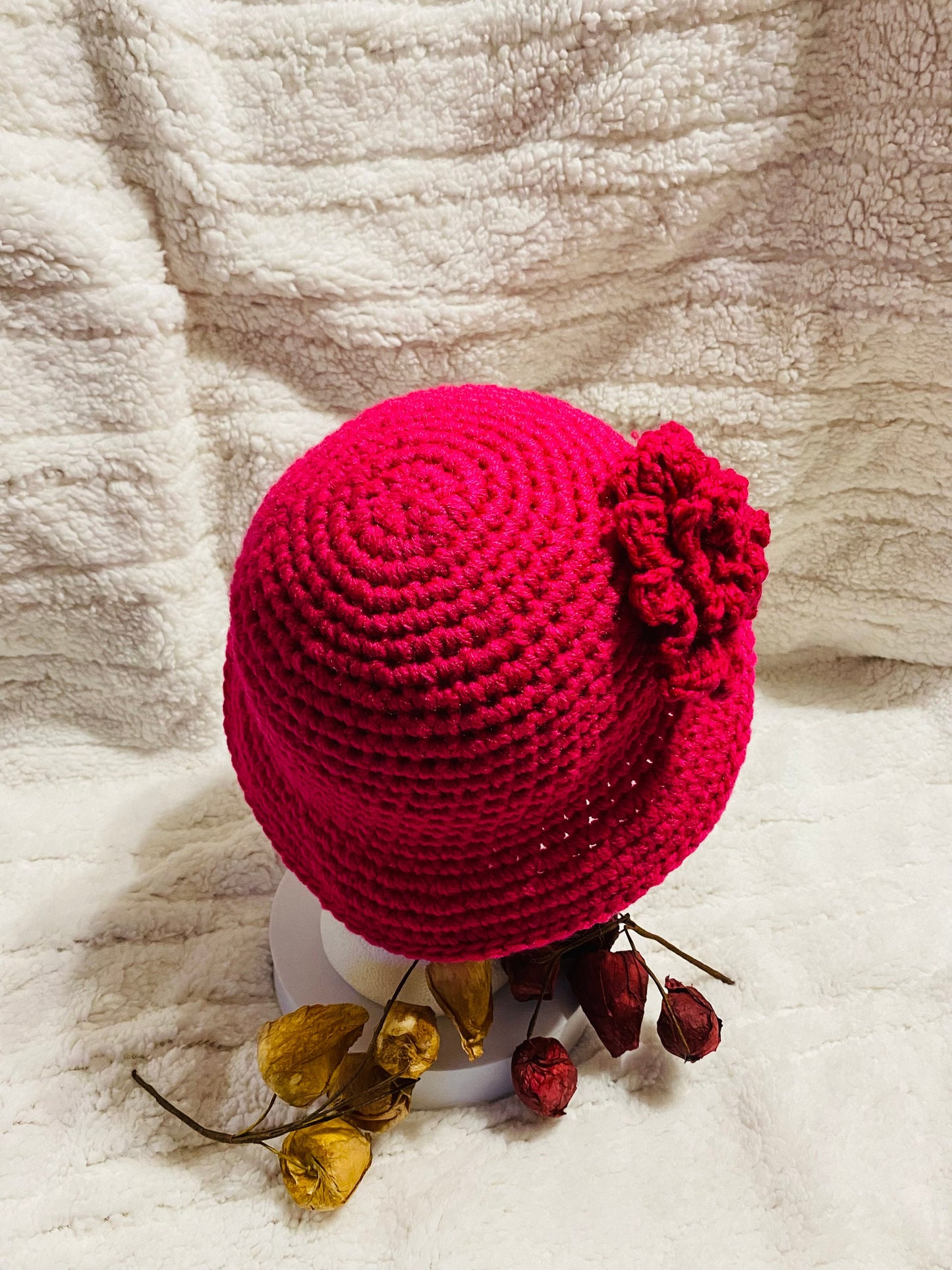 Hot Pink Crochet Bucket Hat with Flower: Handmade Acrylic Sun Hat