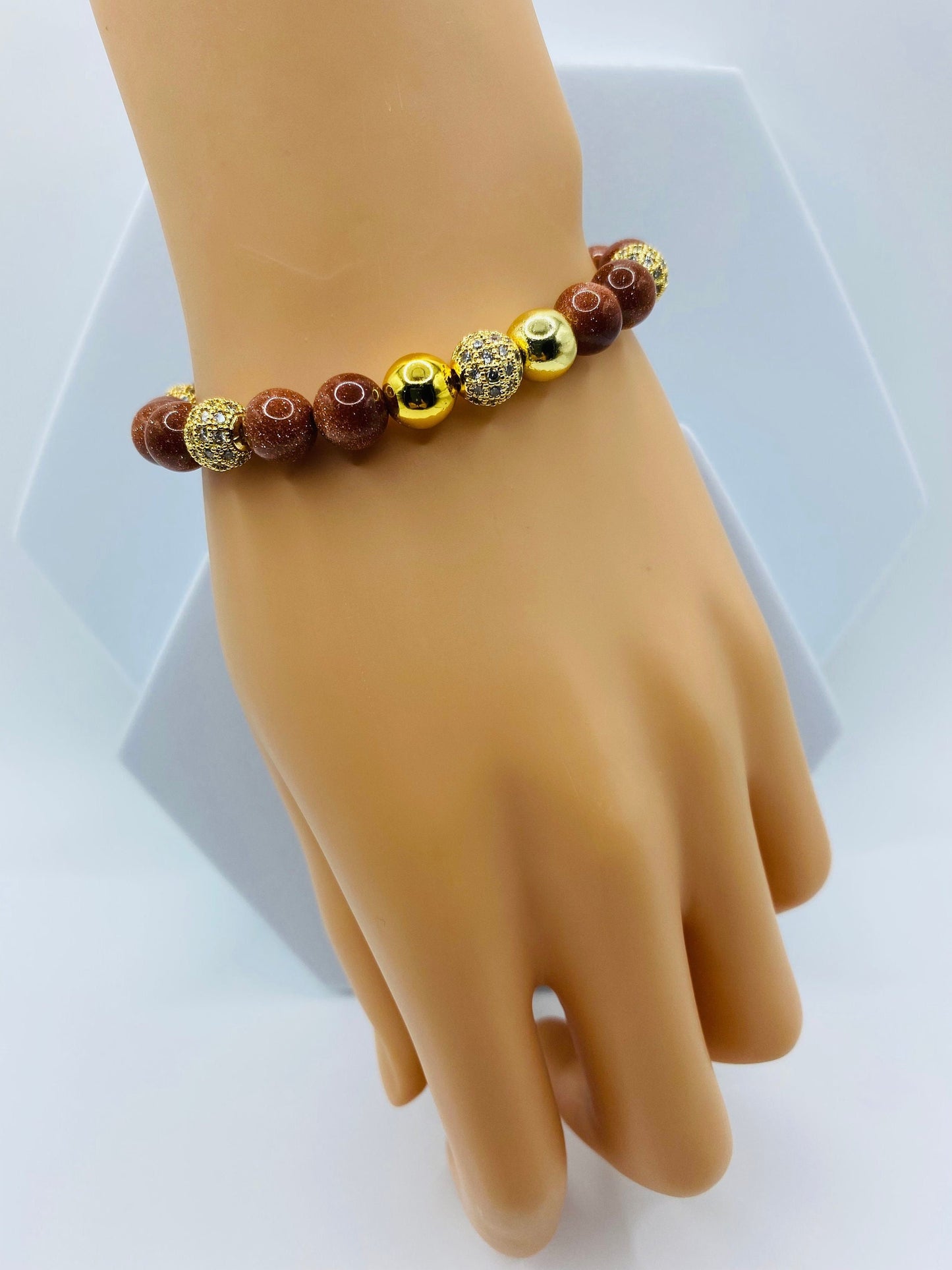 Goldstone Beaded Bracelet: 18k Gold Plated Hematite & CZ Crystals