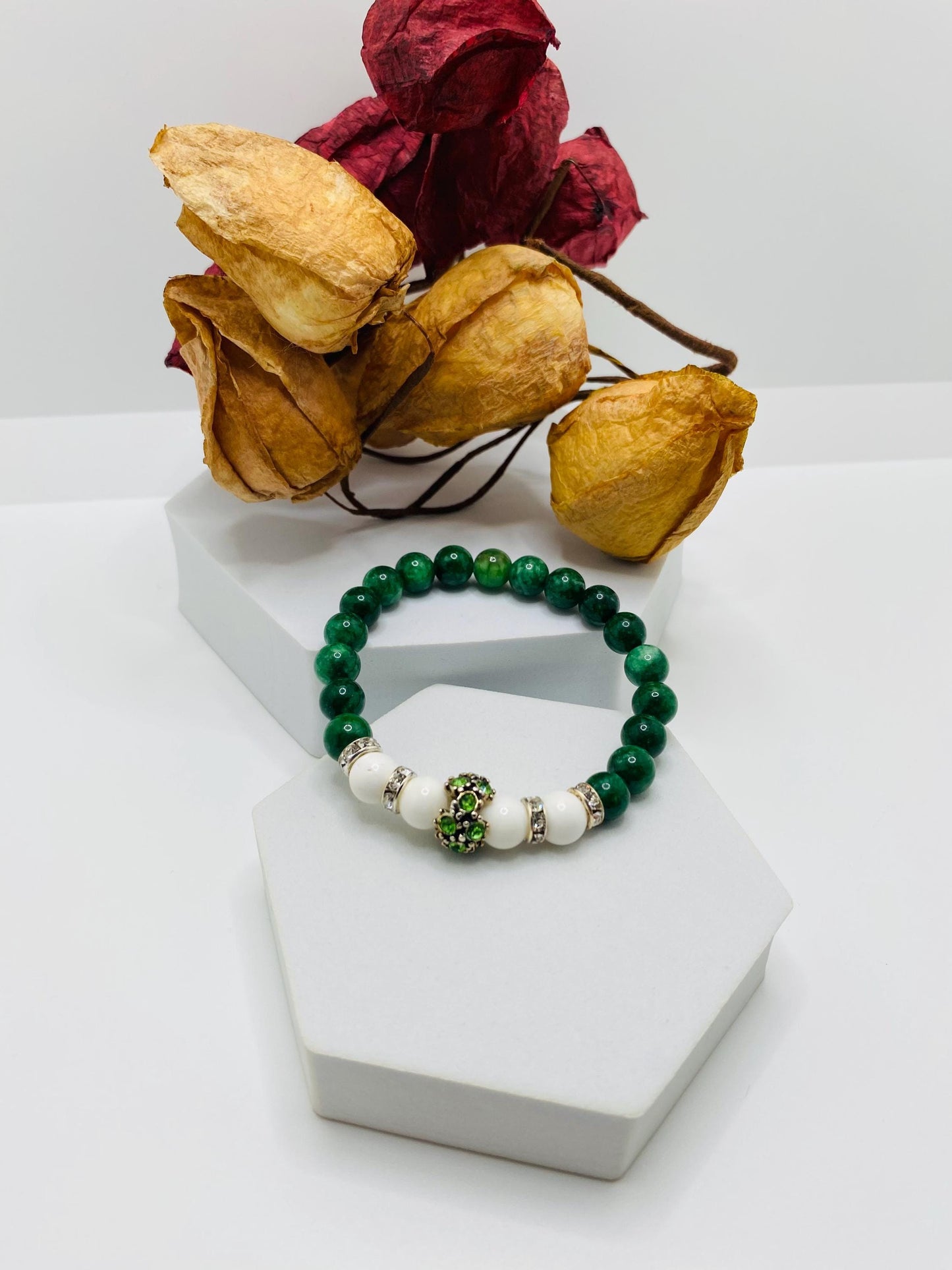 Jade Charm Bracelet: Agate Beads, Silver Rhinestone Charm