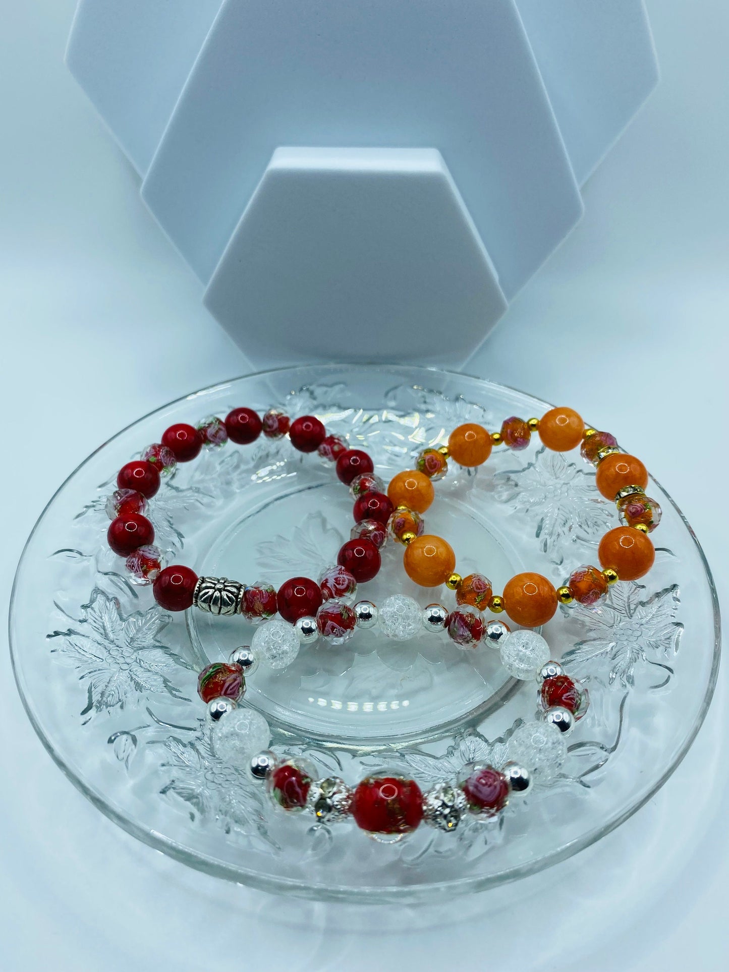 Lampwork Floral Glass Bead Bracelet: Crystal Quartz & Hematite