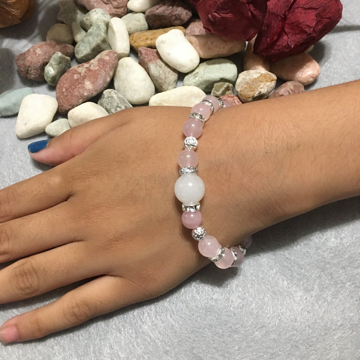 Rose Quartz & Jade Bracelet: Silver Gemstone Jewelry Gift