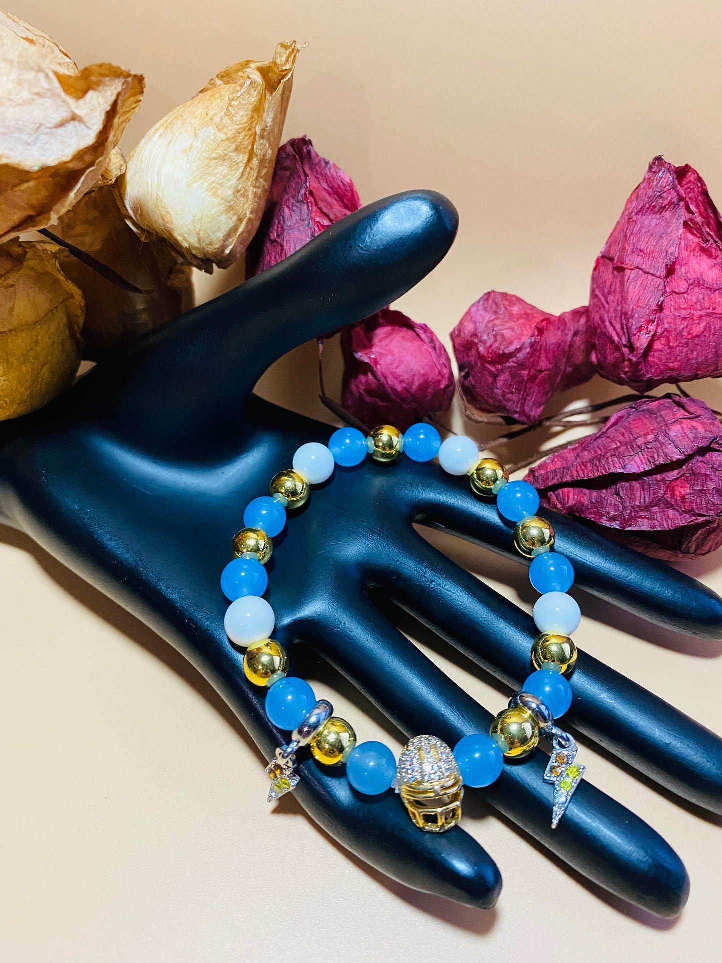 Los Angeles Chargers Mens Bracelet, Lightning Bolt Charms & Golden Football Helmet - Natural Gemstone Beads