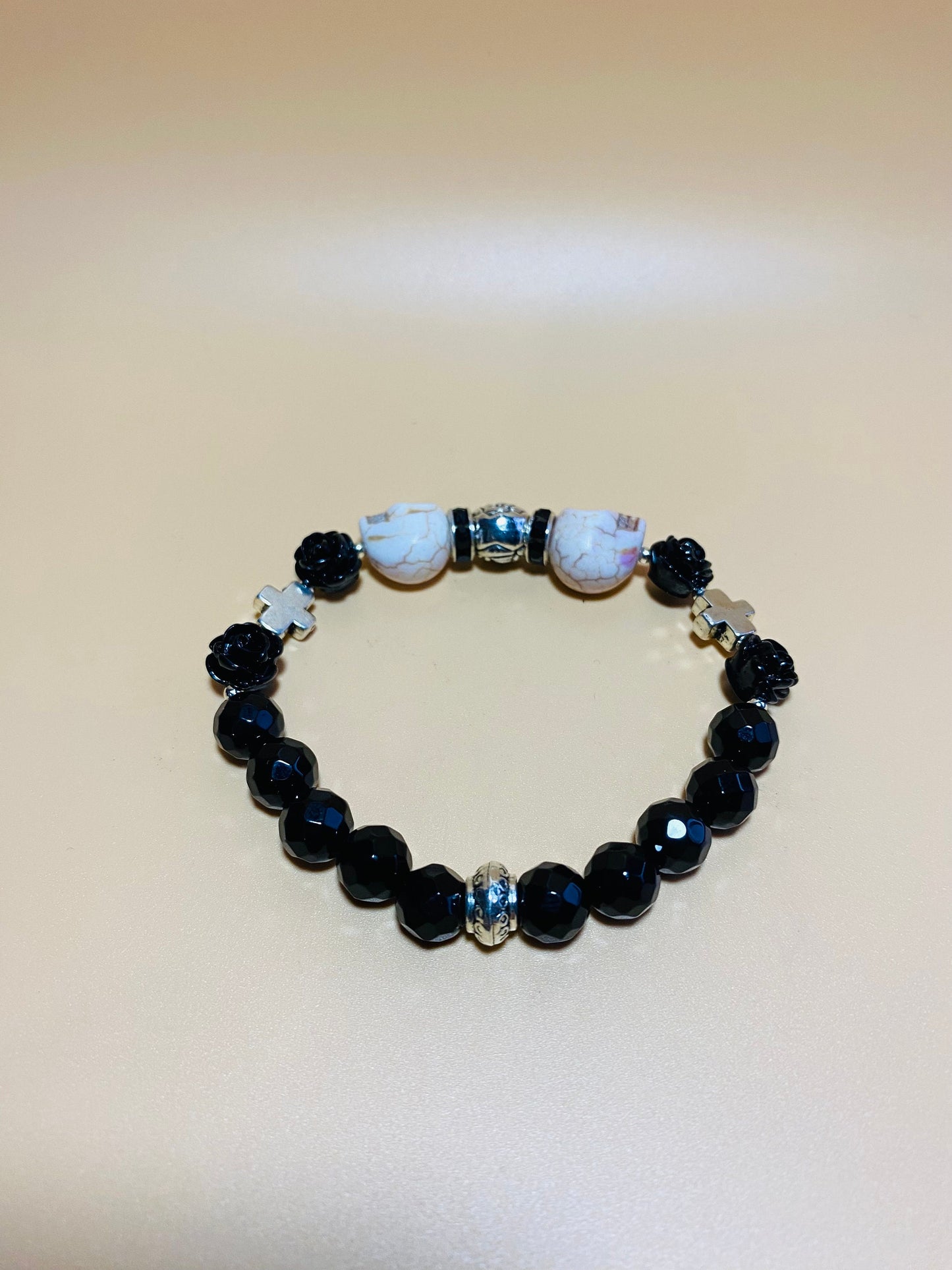 Day of the Dead Black Onyx Bracelet with Skull Beads - Silver Cross Bracelet - Gift for Her - Gift for Him