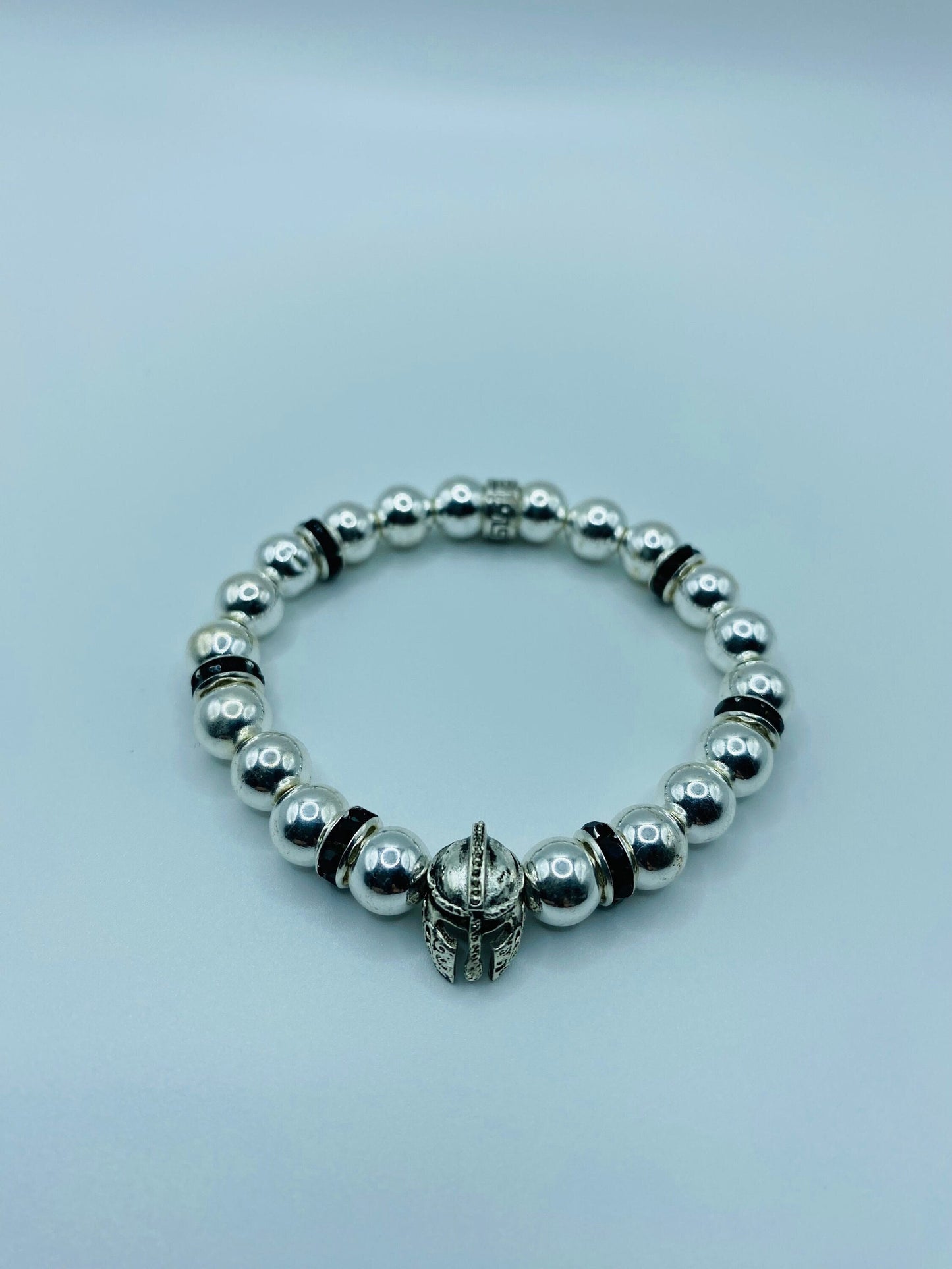 Mens Spartan Helmet Bracelet: Silver Hematite Gemstone Beads, Medieval Jewelry