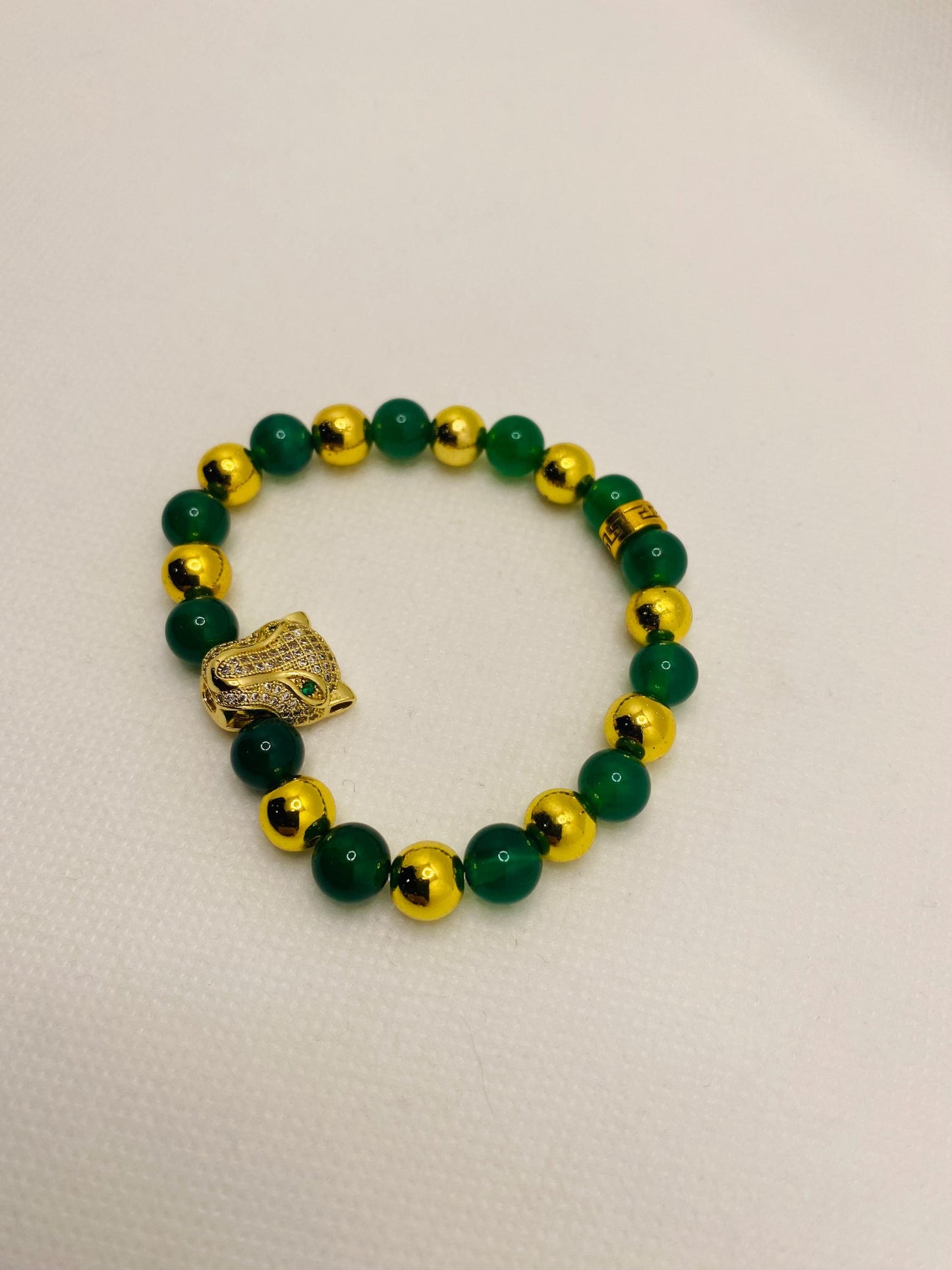 Jade & Hematite Bracelet: Gold CZ Panther Bead, Handmade