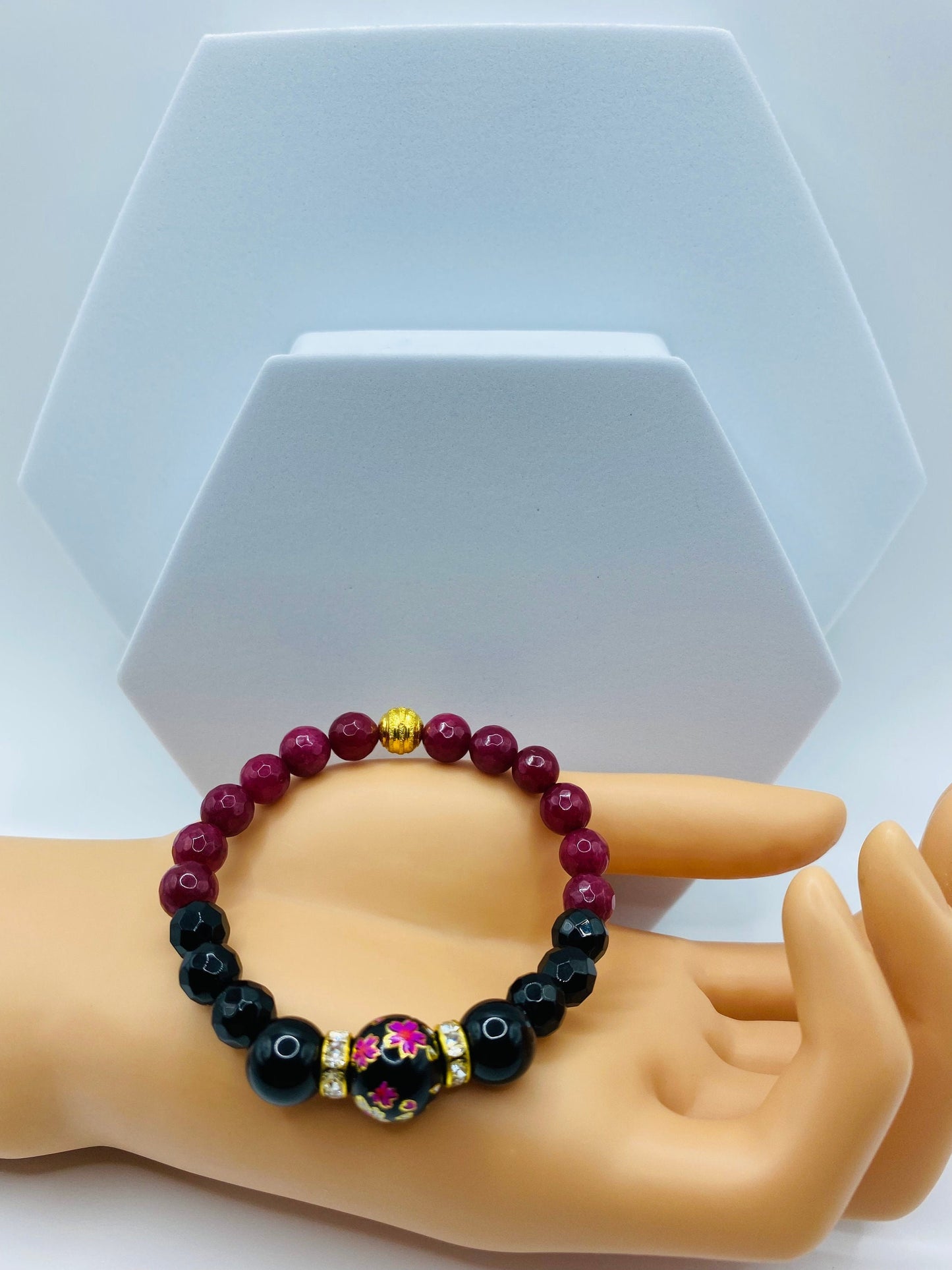 Black Onyx & Red Jade Gemstone Bracelet with Floral Lampwork Bead