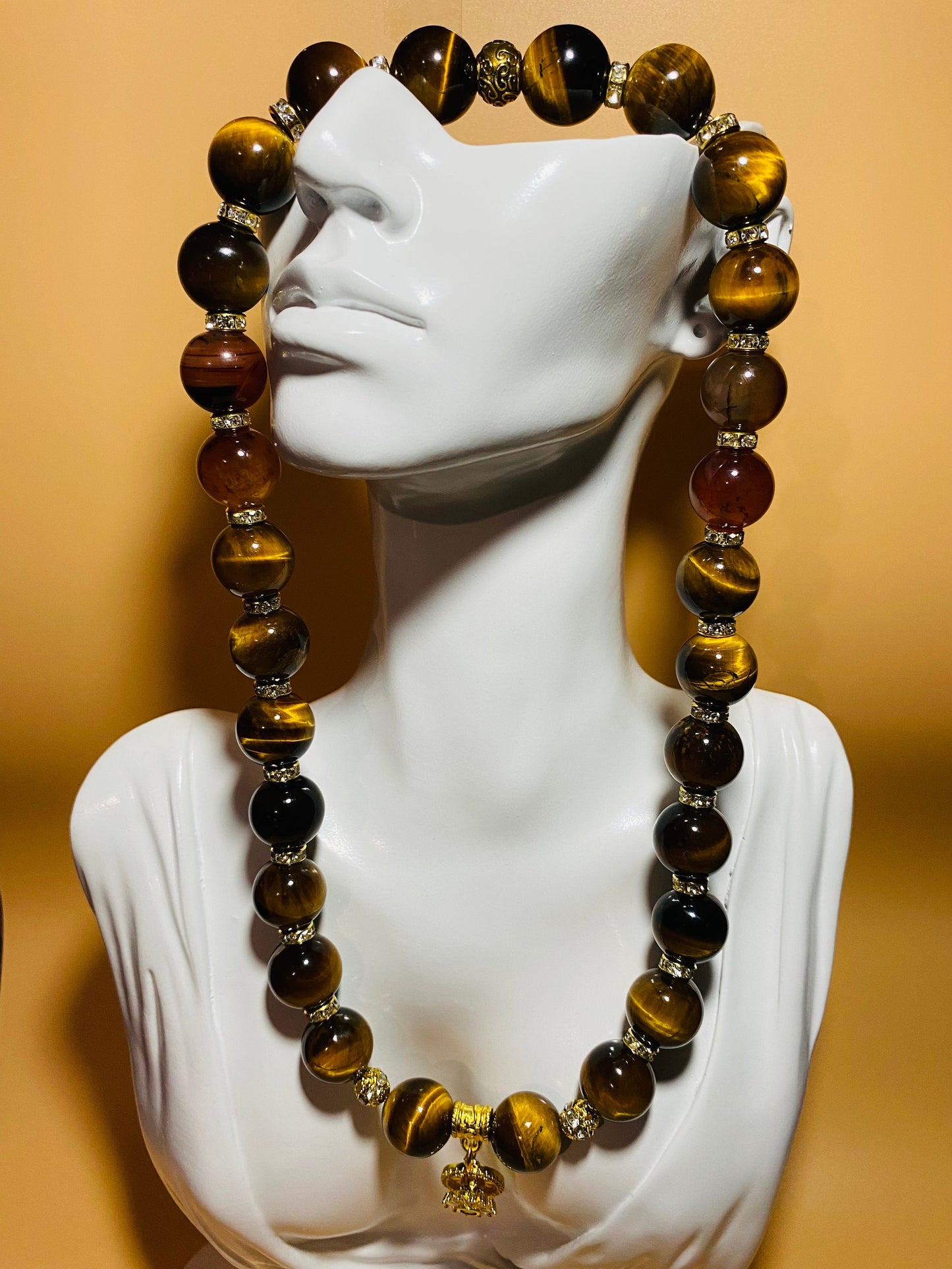 Tigers Eye Beaded Necklace with Gold Sunflower Charm