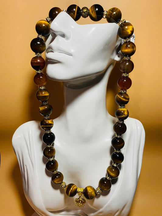 Tigers Eye Beaded Necklace with Gold Sunflower Charm