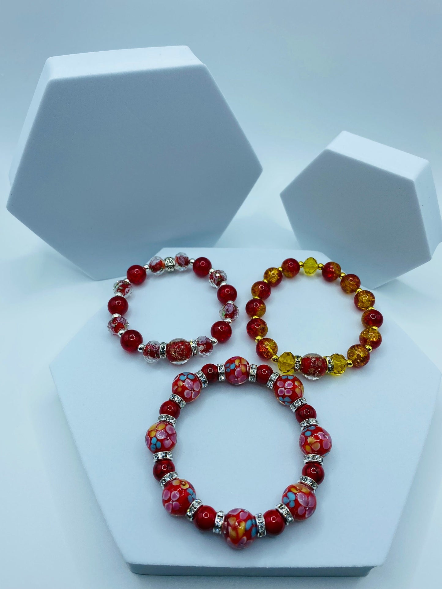 Red Lampwork Flower Bracelet: Turquoise & Rhinestone Beaded Jewelry