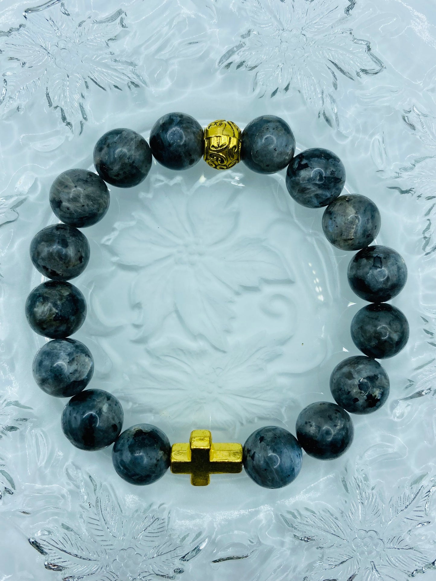 Labradorite Bracelet with Gold Cross Charm: Religious Jewelry Gift