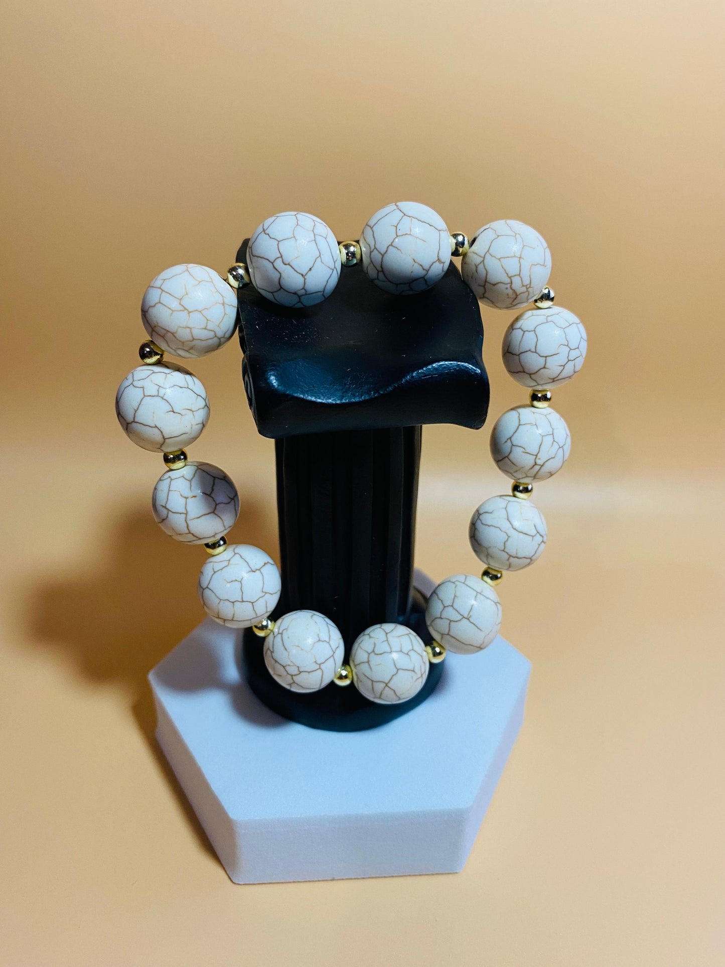 Handmade White Turquoise Bracelet: Gold-Plated Hematite Gemstone Beads
