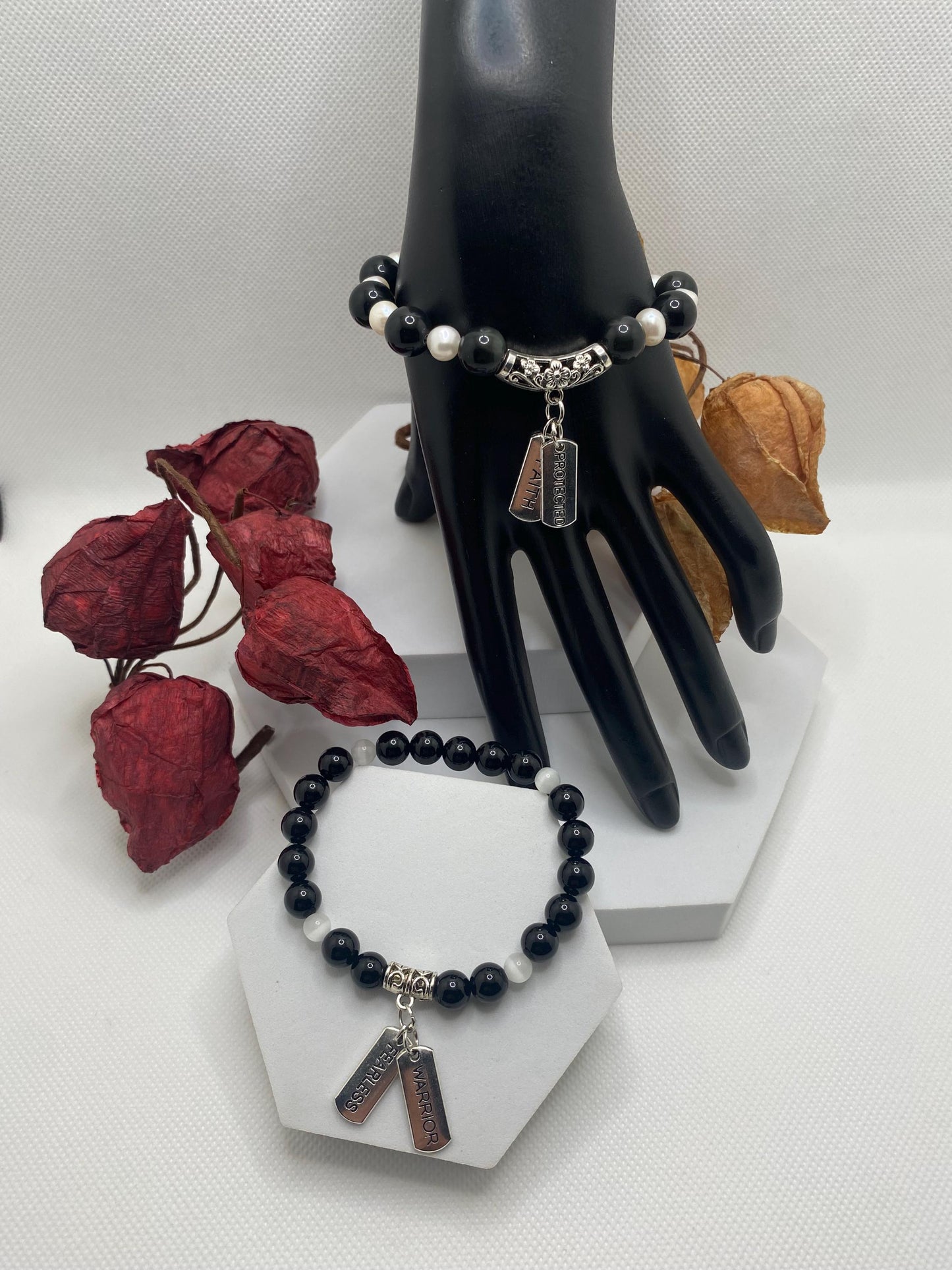 Obsidian & Pearl Charm Bracelet: Stainless Steel Inspirational Quotes