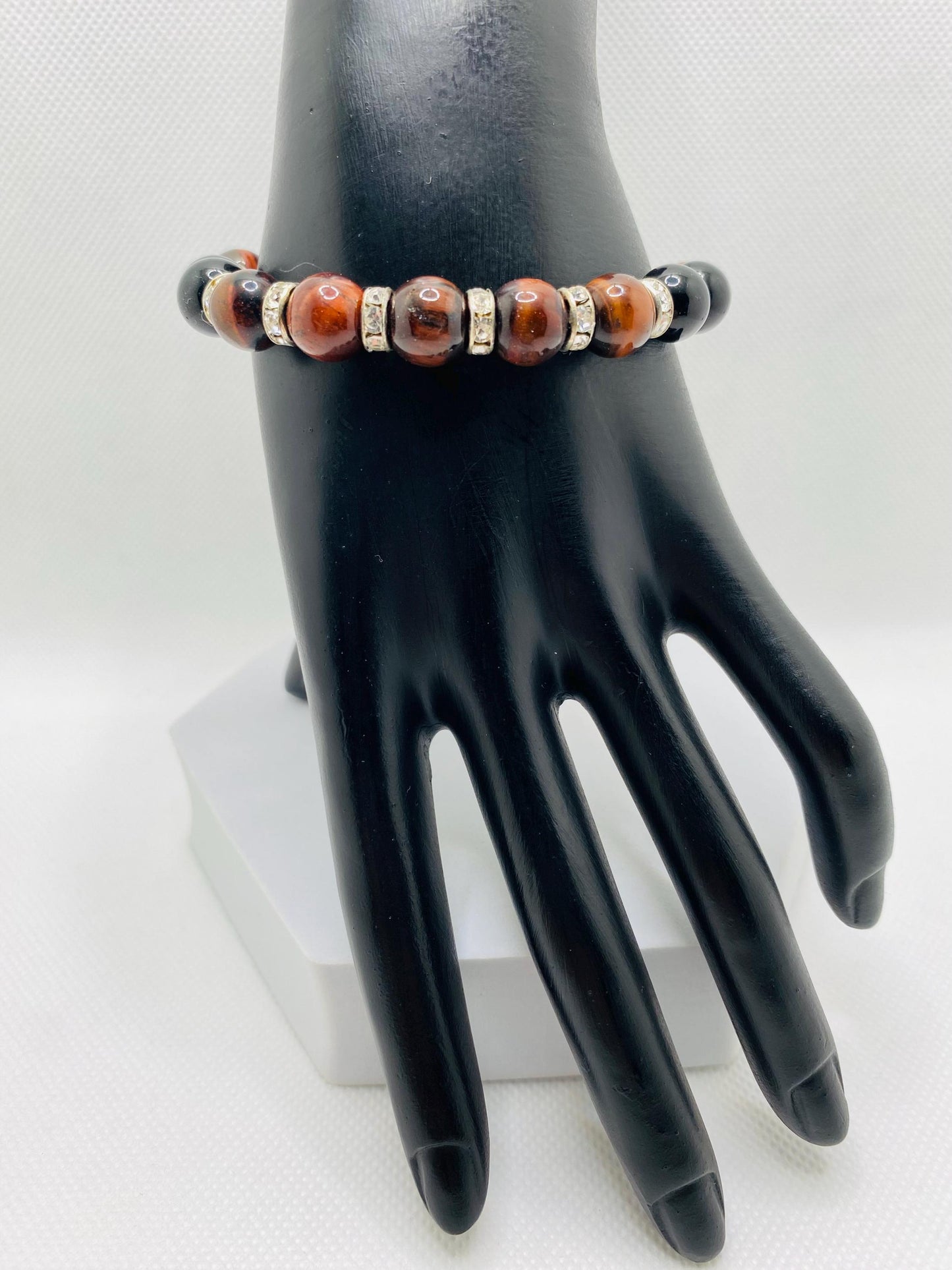 Mens Black Onyx & Red Tiger's Eye Beaded Bracelet: Handmade Gemstone Jewelry