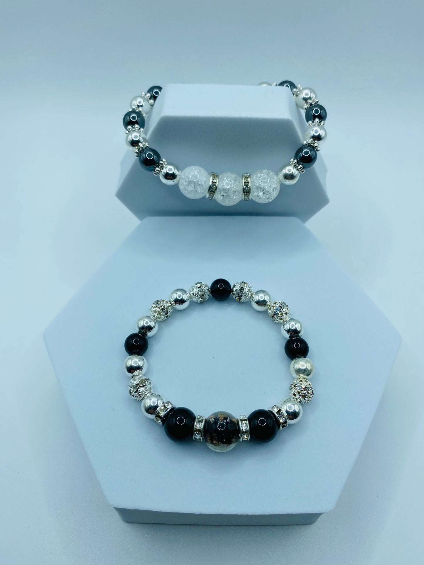 Men's Silver Hematite & Onyx Bracelet with Lampwork Glass Beads