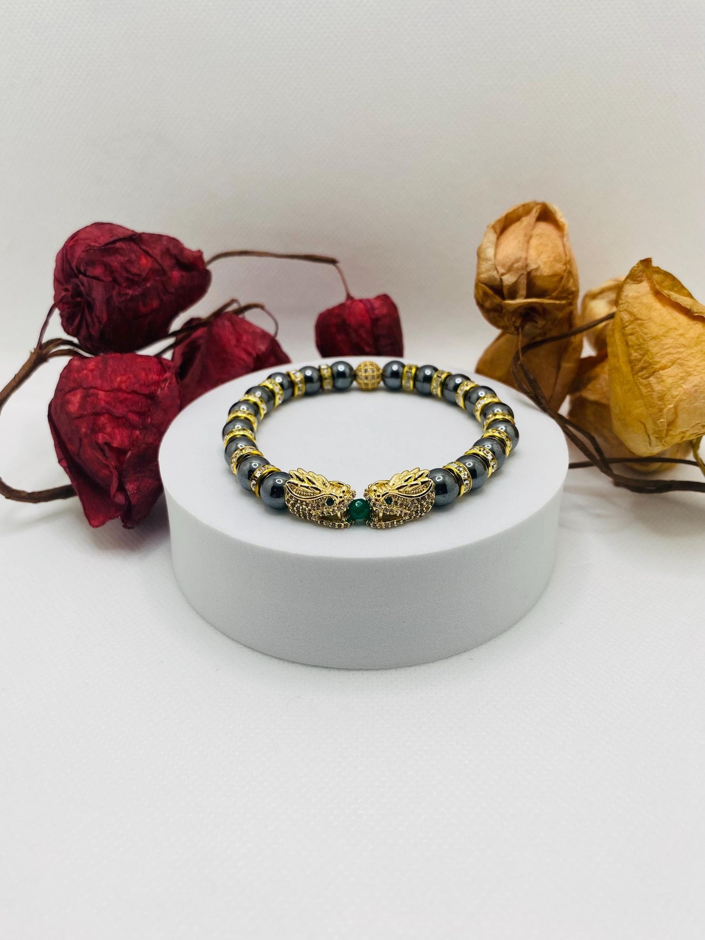 Dragon Hematite Beaded Bracelet: Gold CZ Charm, Handmade