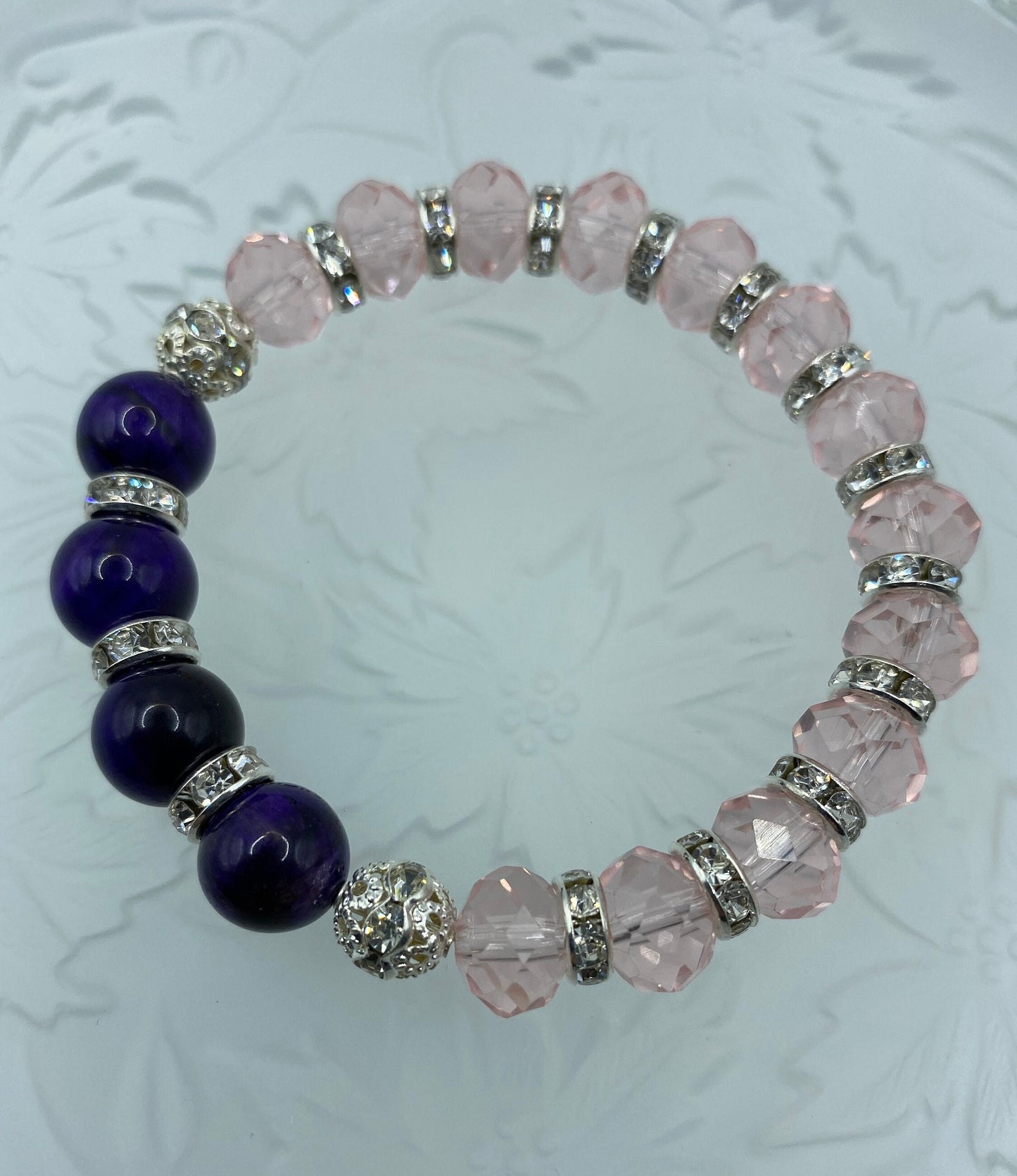 Handmade Purple Tiger's Eye Bracelet: Pink Crystal & Rhinestone Beads