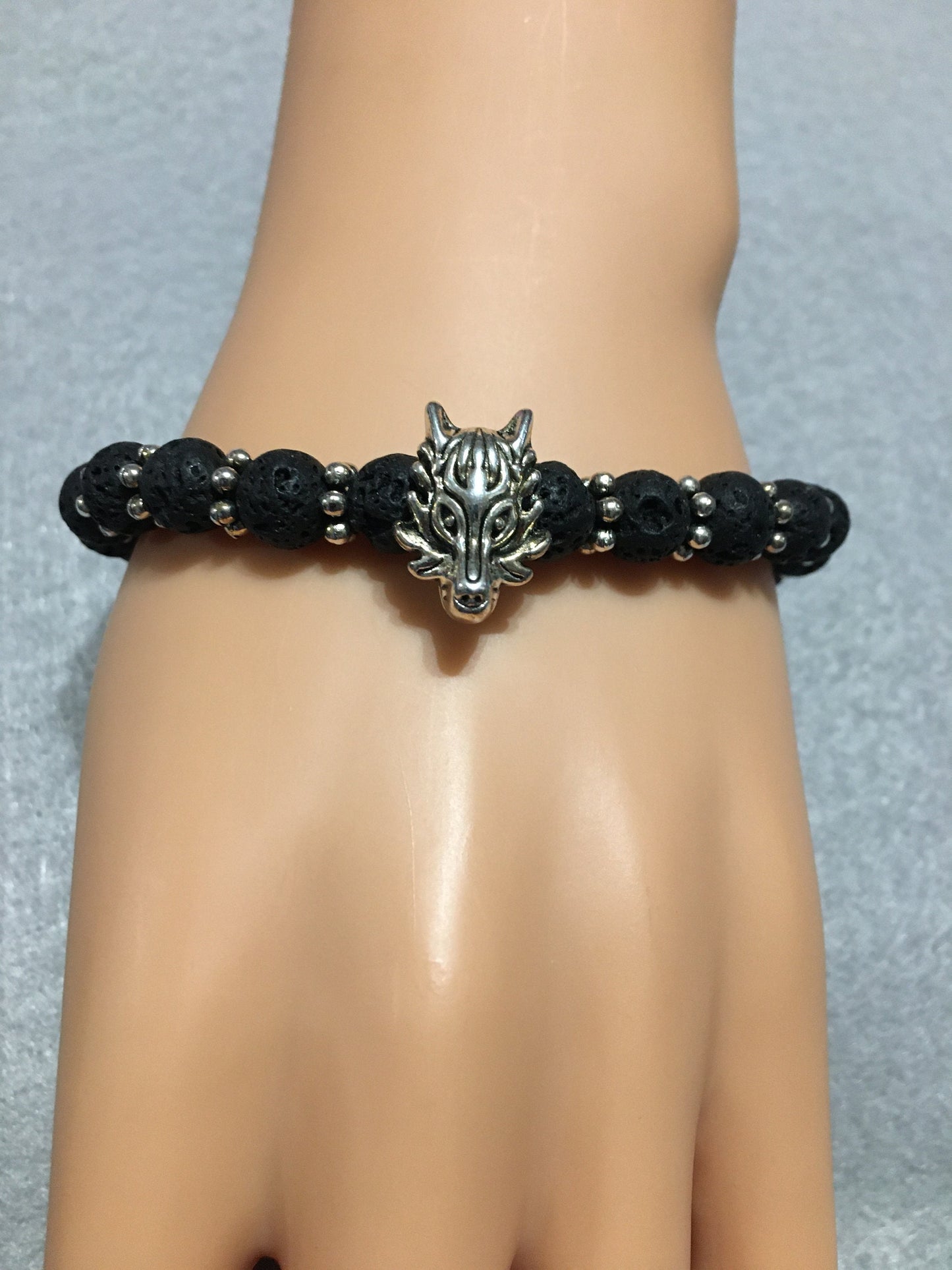 Silver Wolf Lava Rock Bracelet: Goth Men's Jewelry