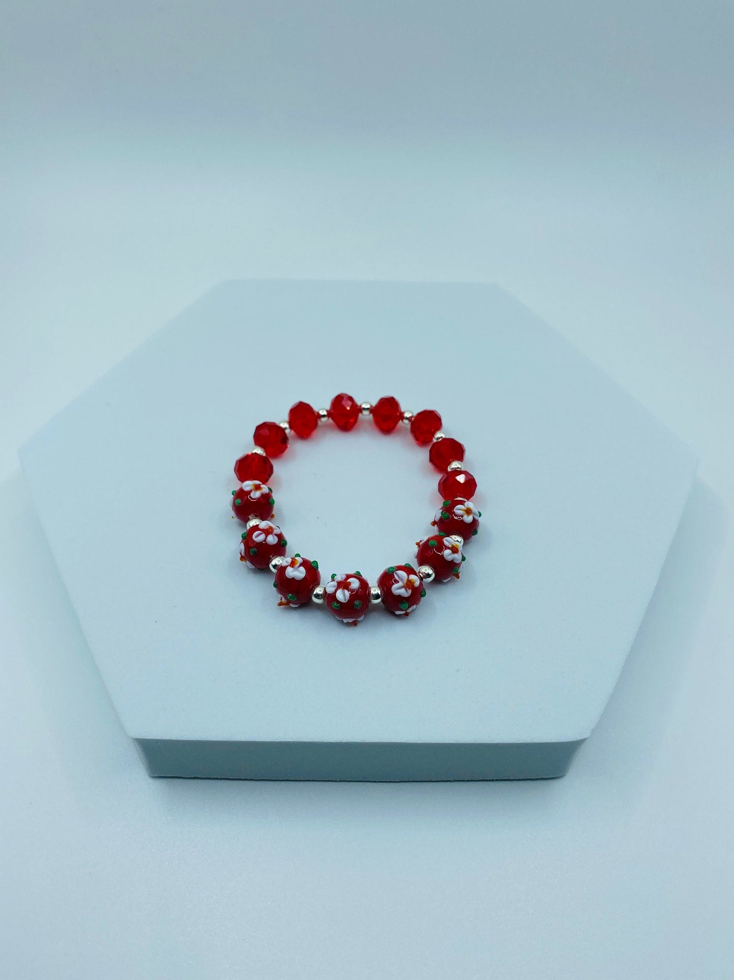 Red Floral Lampwork Glass Bead Bracelet: Red Crystal Handmade Jewelry