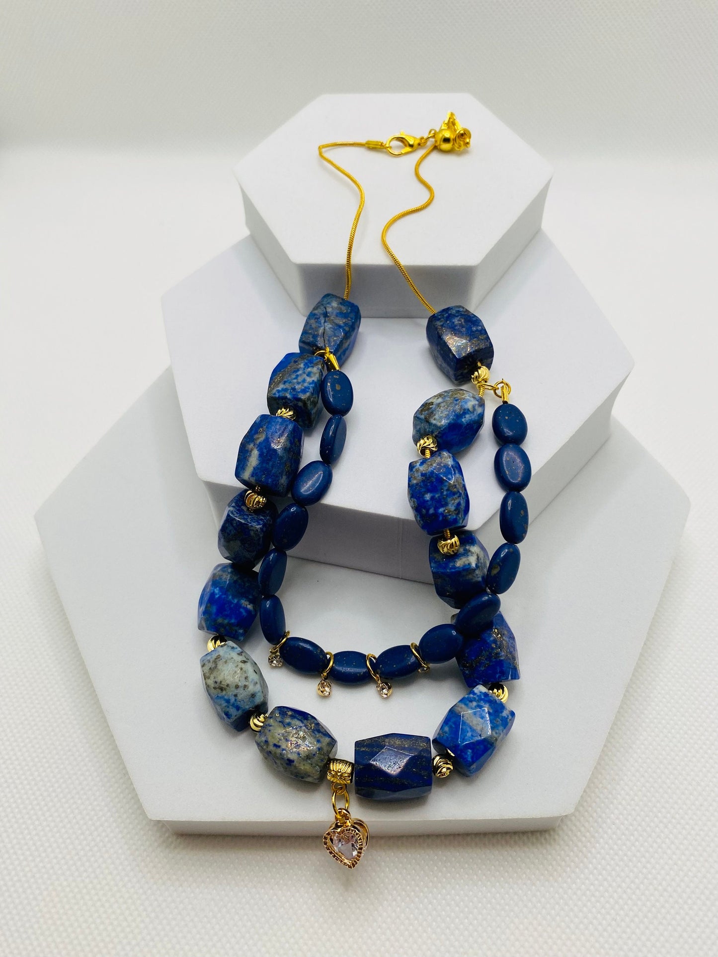 Handmade Lapis Lazuli Layered Necklace: Gold Plated Heart Pendant