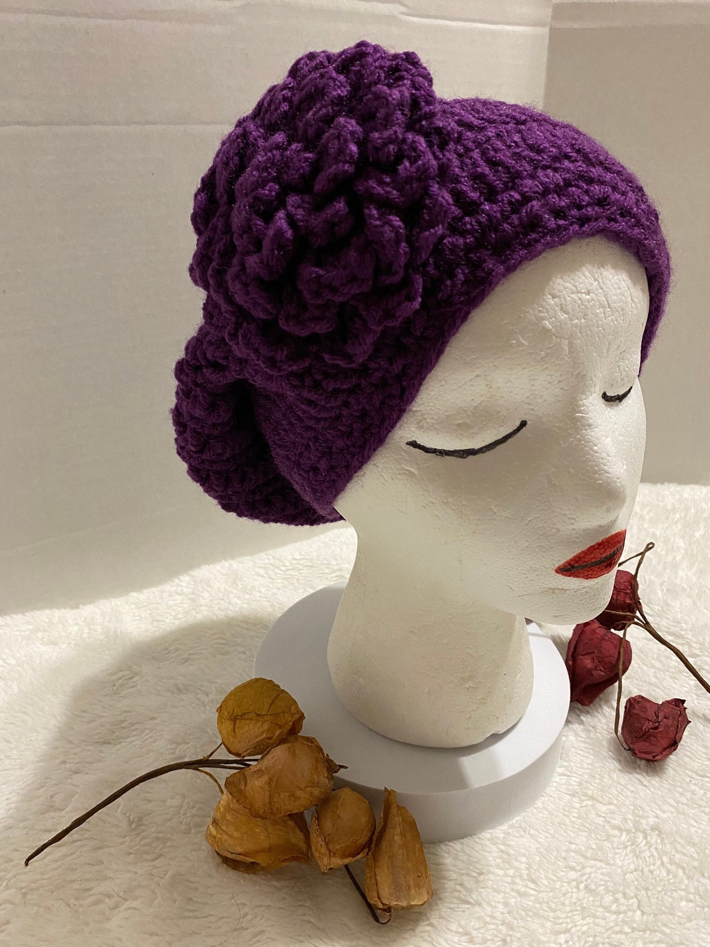 Handmade Crochet Hat with Flower: Purple Acrylic Beanie