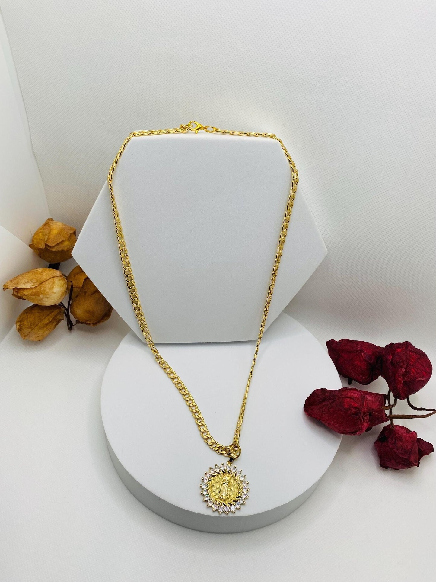 Virgin Mary Necklace: Gold Cuban Link Chain, Religious Jewelry