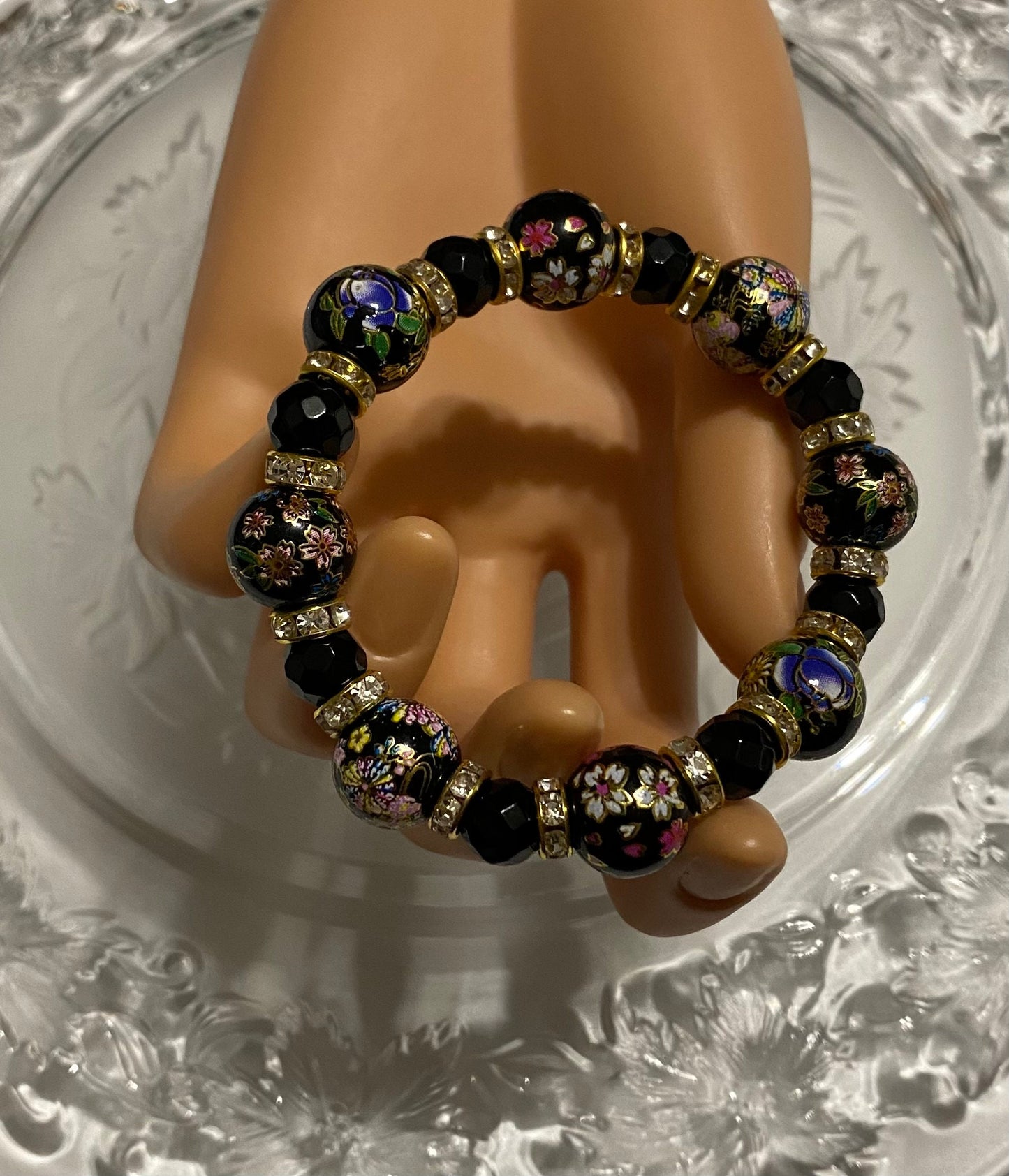 Black Onyx Bracelet: Hand-Painted Floral Glass Beads, 18k Gold Rhinestone