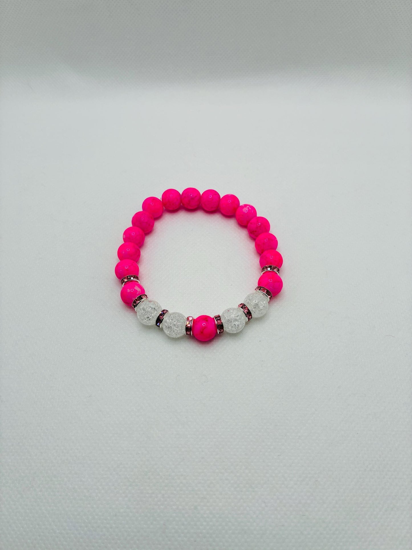 Hot Pink Crystal Glass Bead & Crackle Quartz Bracelet with Silverplated Pink Rhinestone Rondelles