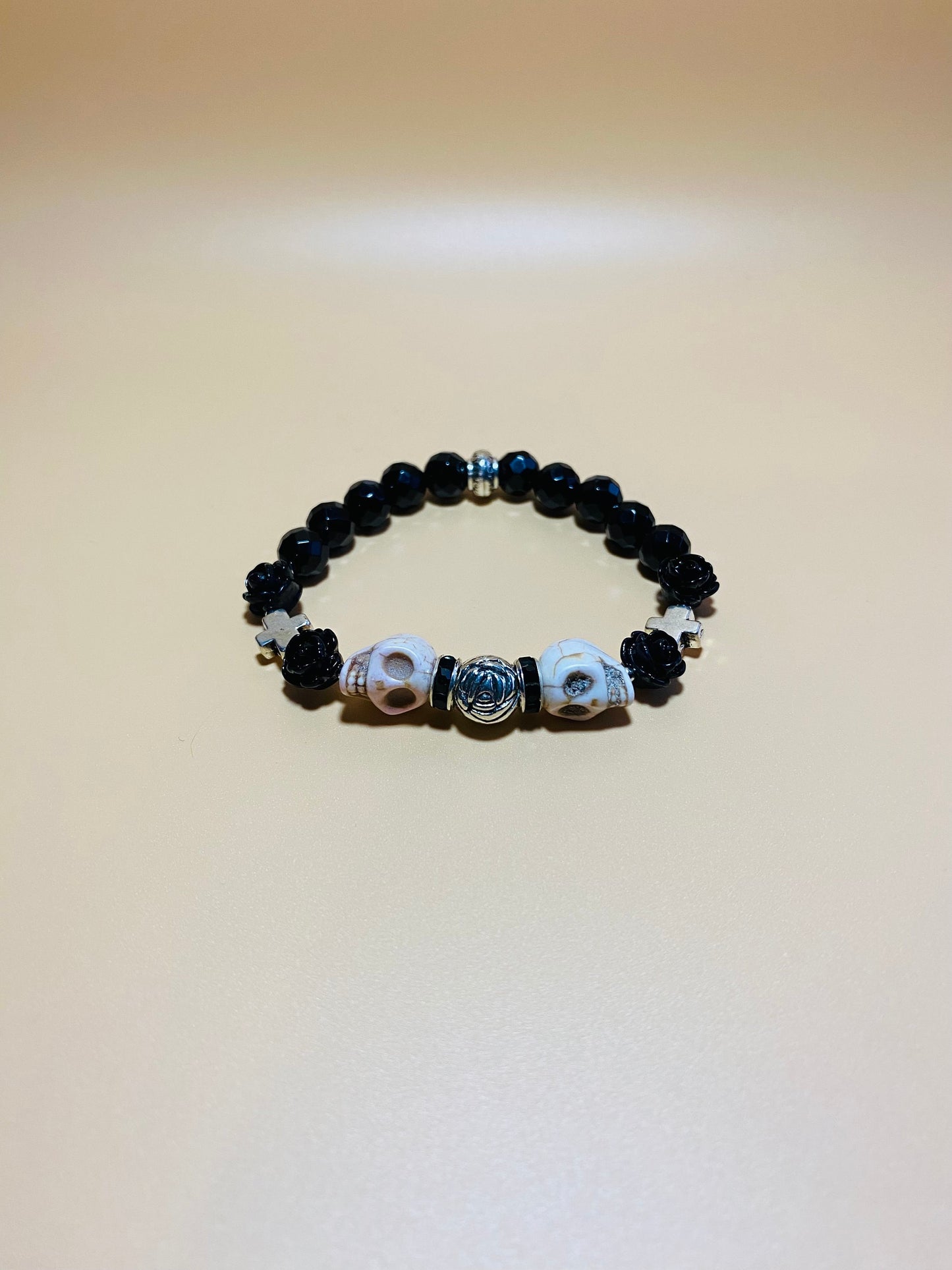Day of the Dead Black Onyx Bracelet with Skull Beads - Silver Cross Bracelet - Gift for Her - Gift for Him