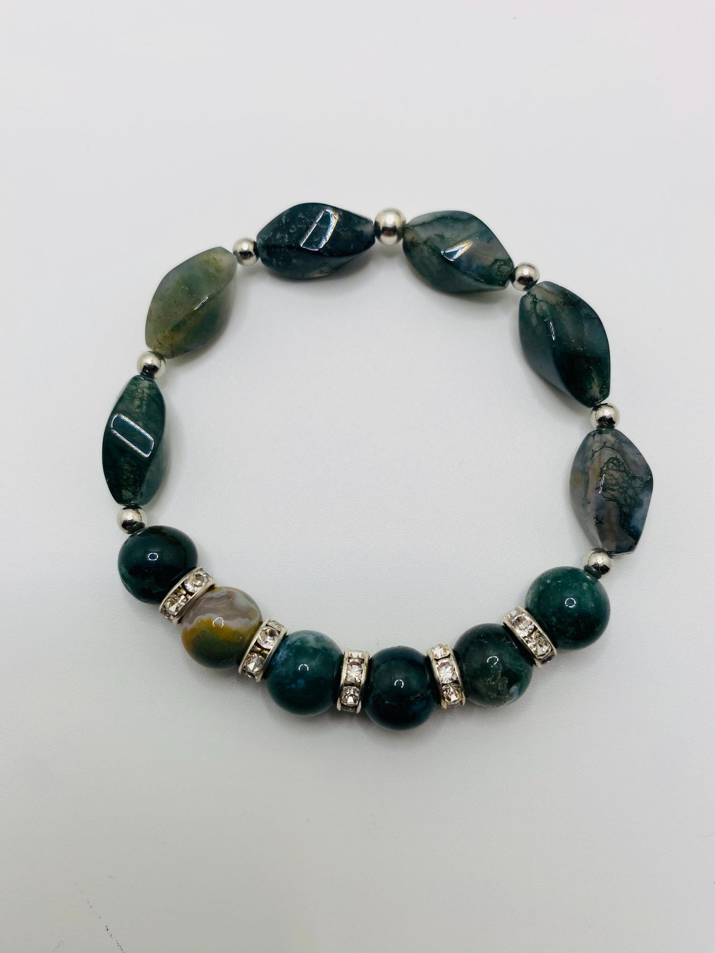 Moss Agate Beaded Bracelet: Gemstone Jewelry with Rhinestone Accents